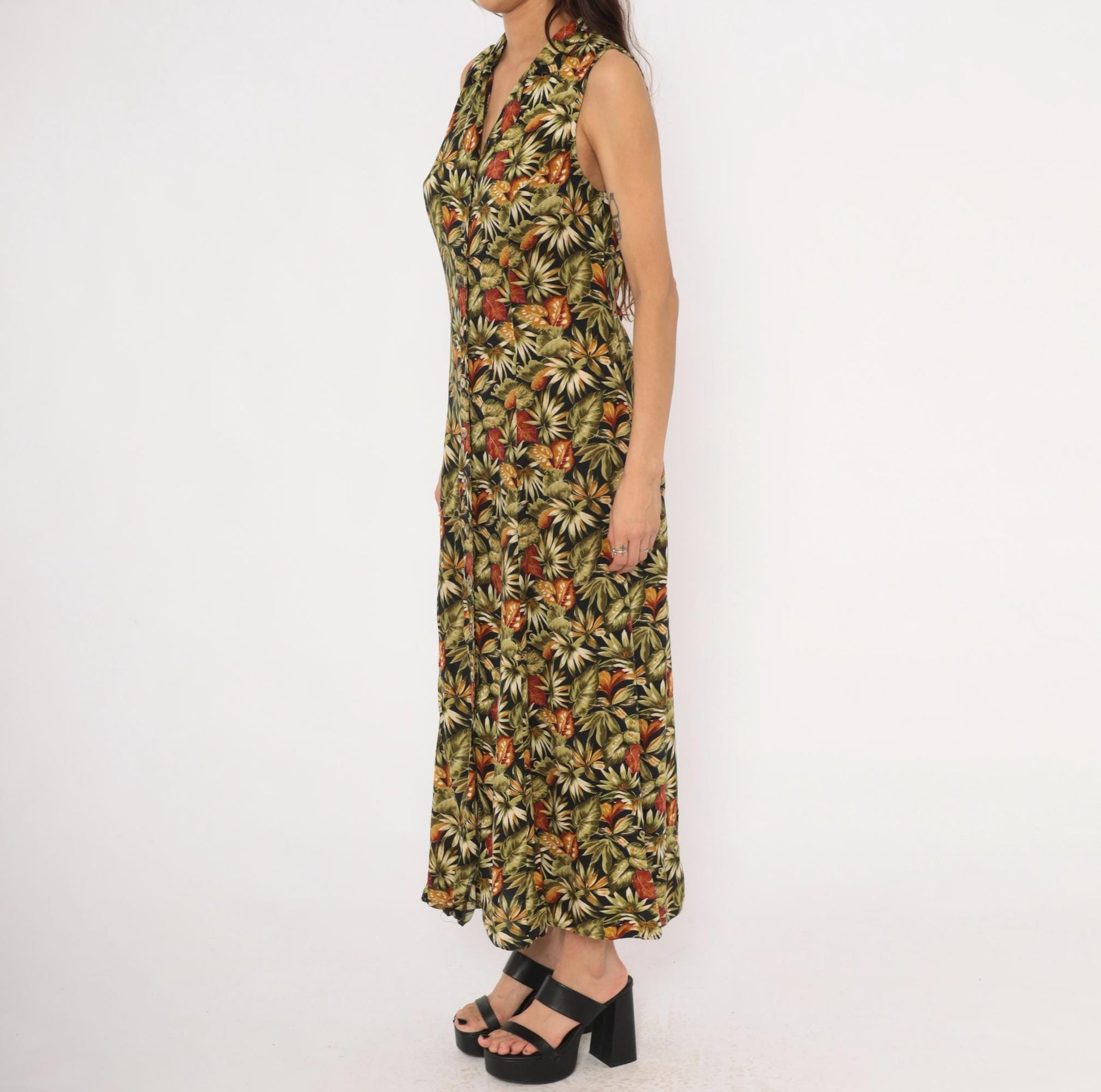 90s Teddi Tropical Leaf Maxi Dress Sleeveless Olive Green Medium M