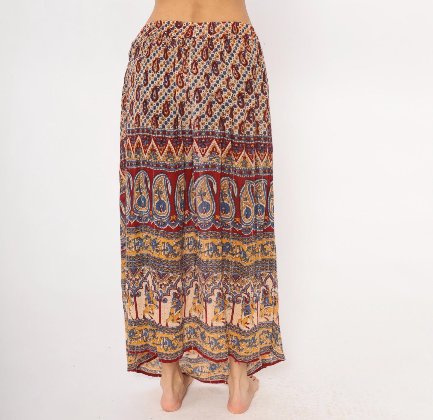 Y2K Lotus Indian Maxi Skirt Burgundy Paisley Gold Drawstring Waist Extra Large XXL