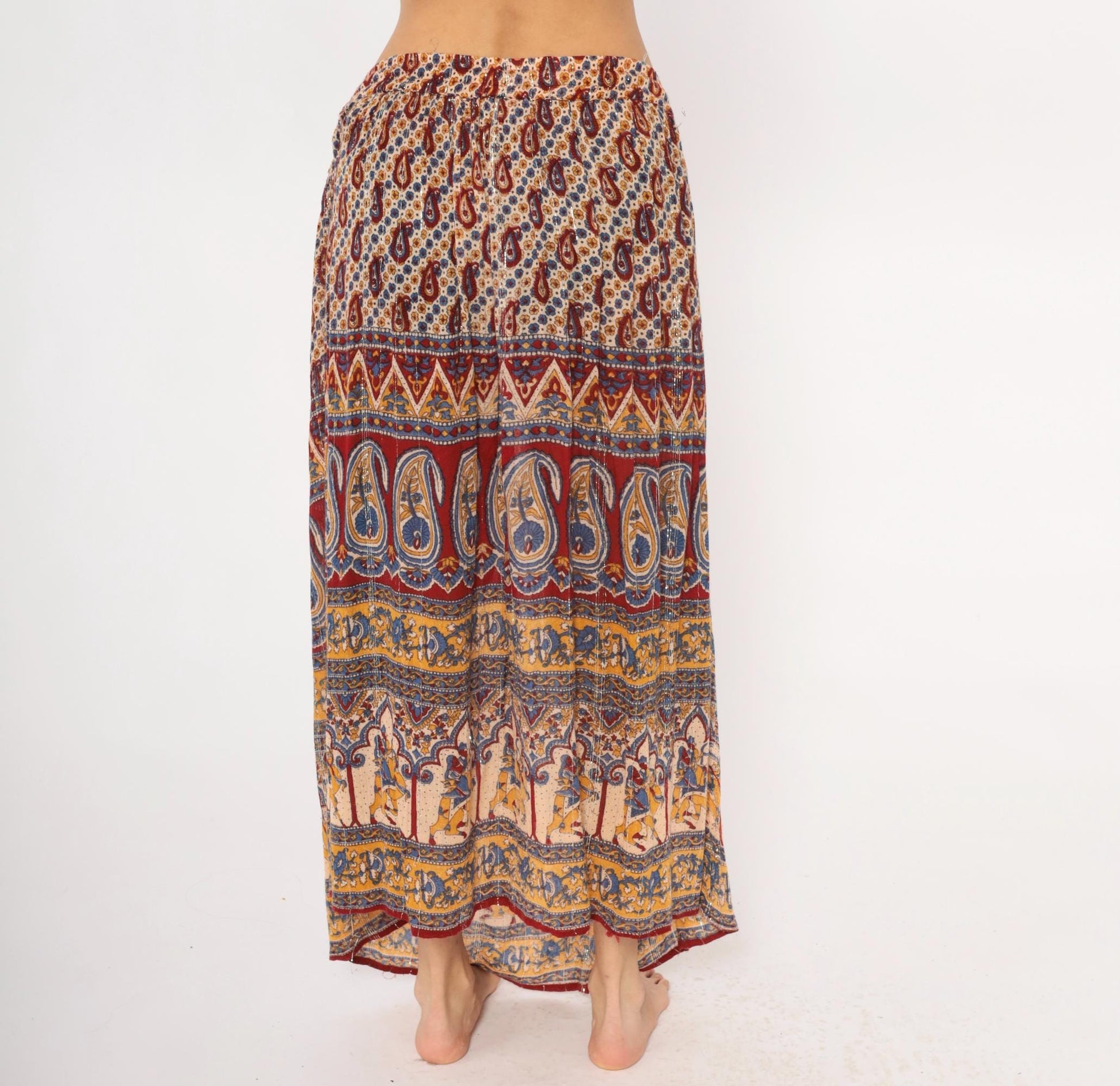 Y2K Lotus Indian Maxi Skirt Burgundy Paisley Gold Drawstring Waist Extra Large XXL