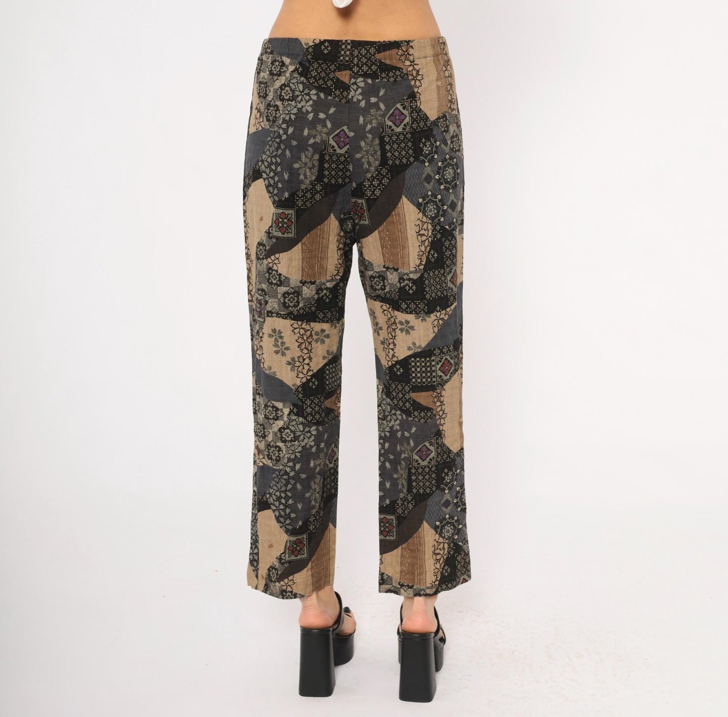 90s Patchwork Print Wide Leg Trousers Black Floral Geometric Elastic Waist Medium M