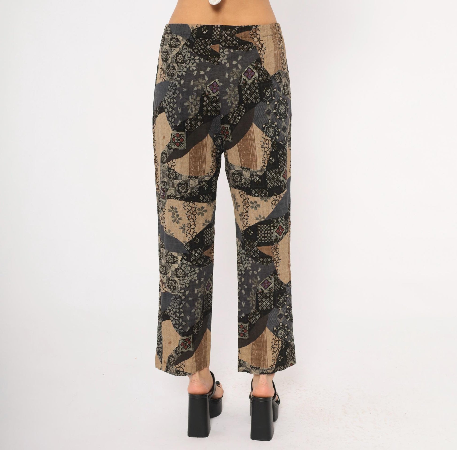 90s Patchwork Print Wide Leg Trousers Black Floral Geometric Elastic Waist Medium M