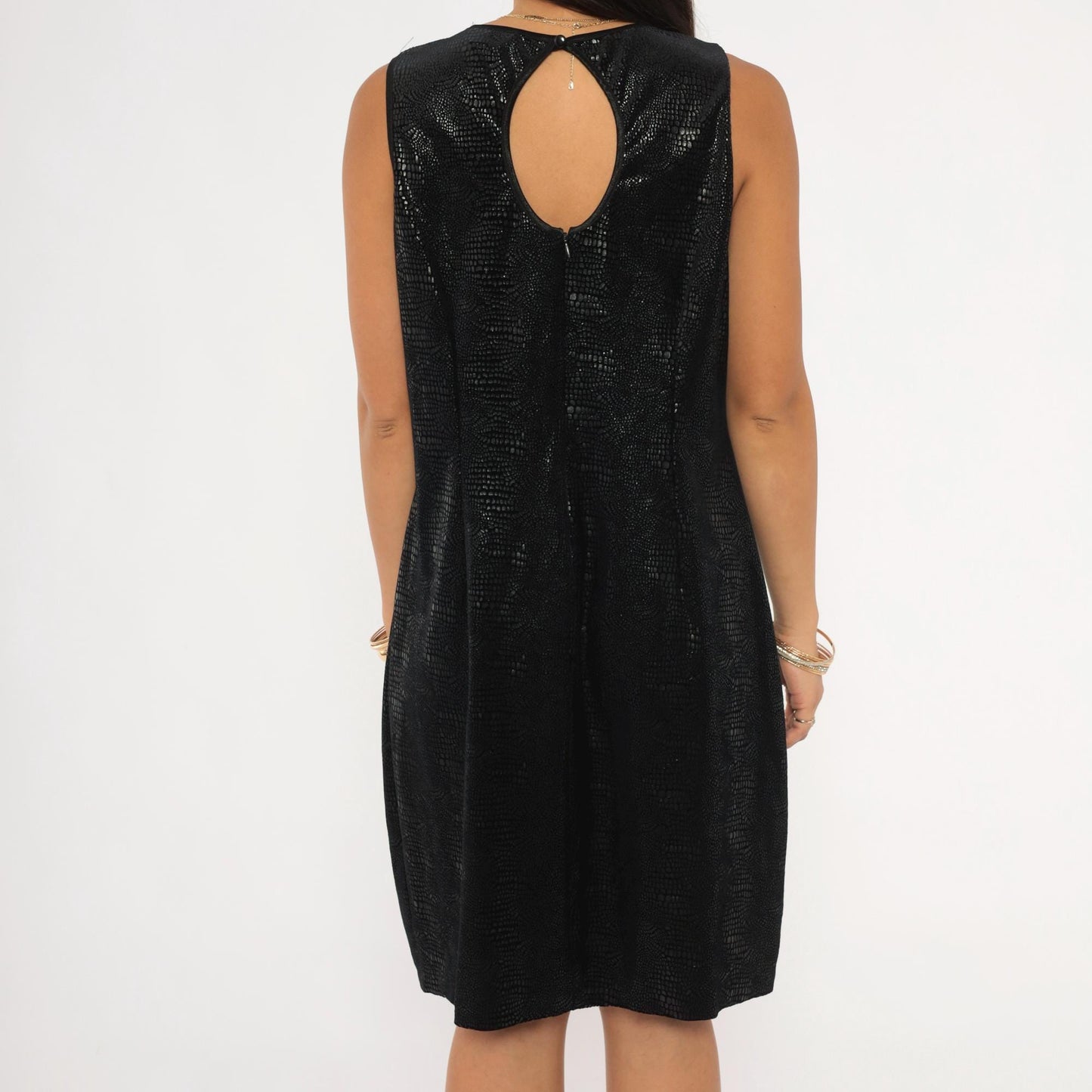 90s Robbie Bee Black Snakeskin Shift Dress Keyhole Back Knee Length Large L