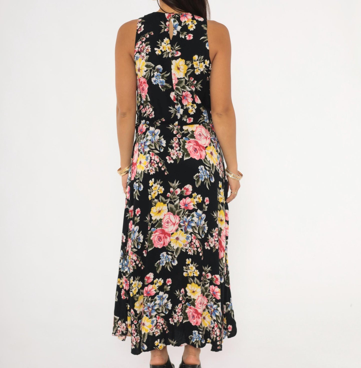 90s Style Works Floral Maxi Dress Black Pink Rose Yellow Blue Sleeveless Medium M