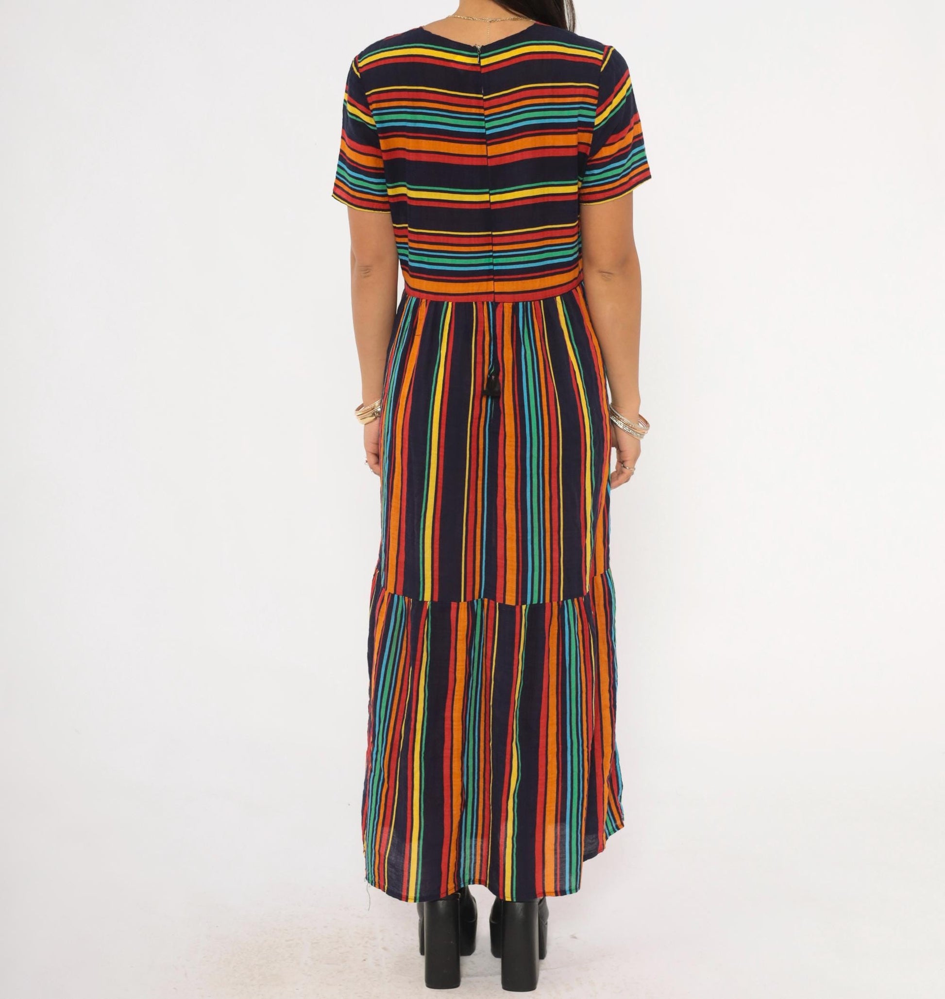 2000s Rainbow Stripe Maxi Dress Navy Multicolor Tiered Skirt Medium M