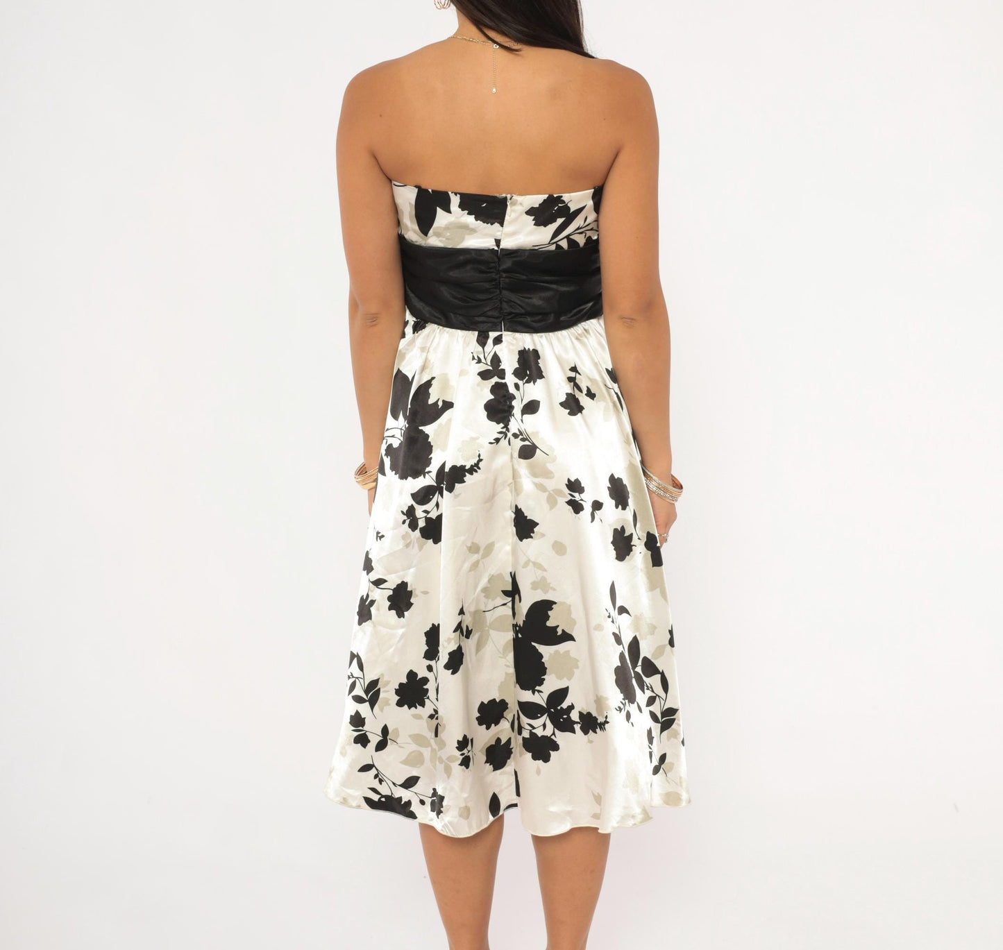 Y2K Intrigue Strapless Floral Mini Dress Black Cream Satin Empire Waist Medium