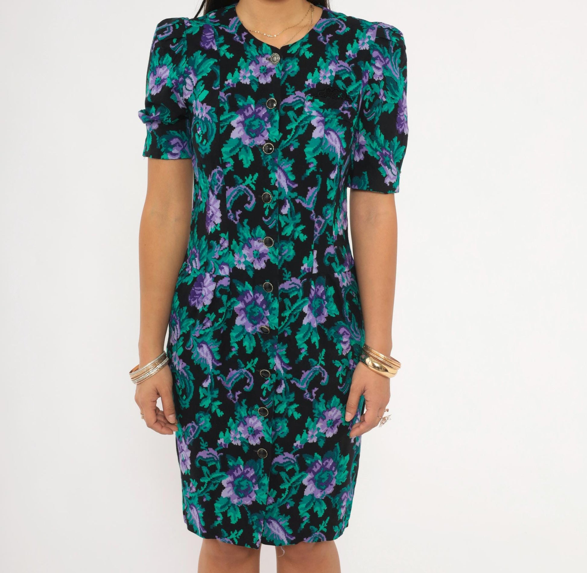 90s Petite Jazz Floral Sheath Dress Puff Sleeve V-Neck Black Teal Purple Extra Small XS