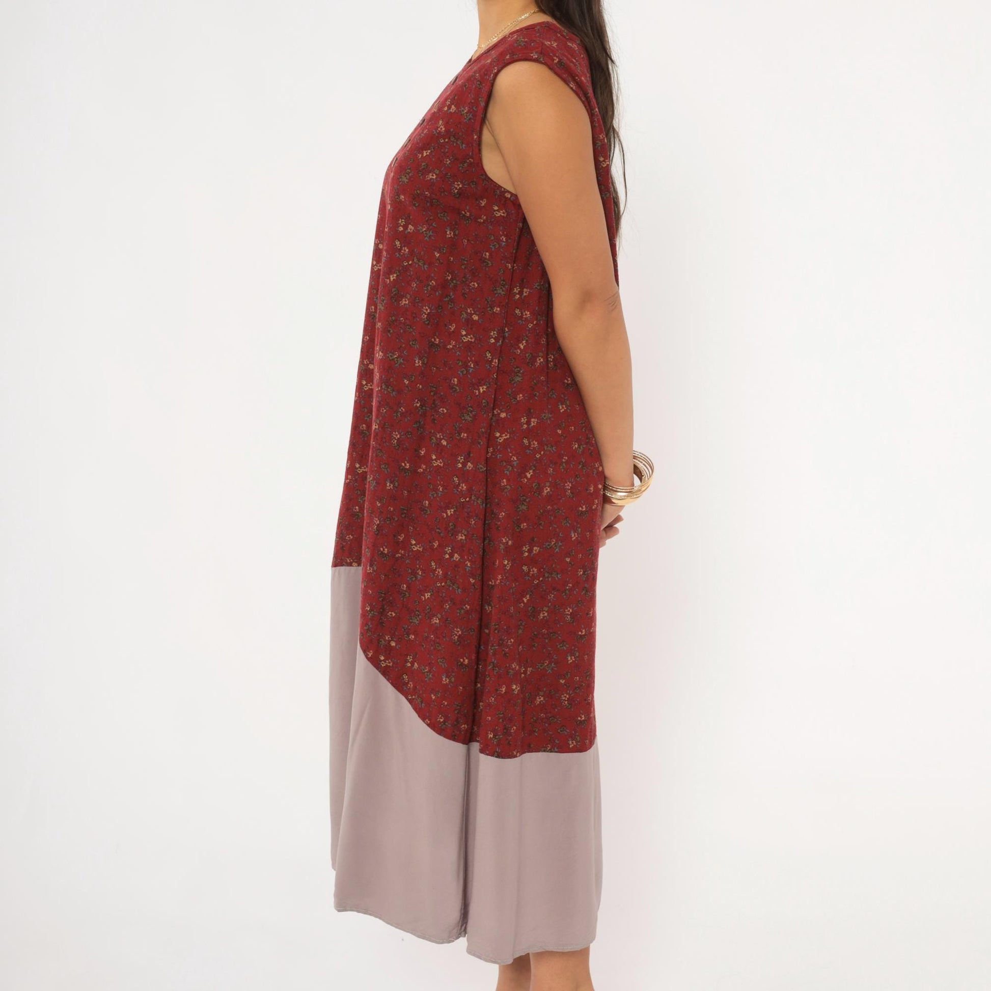 00s Burgundy Floral Ditsy Midi Dress Sleeveless Cotton Shift Small Medium