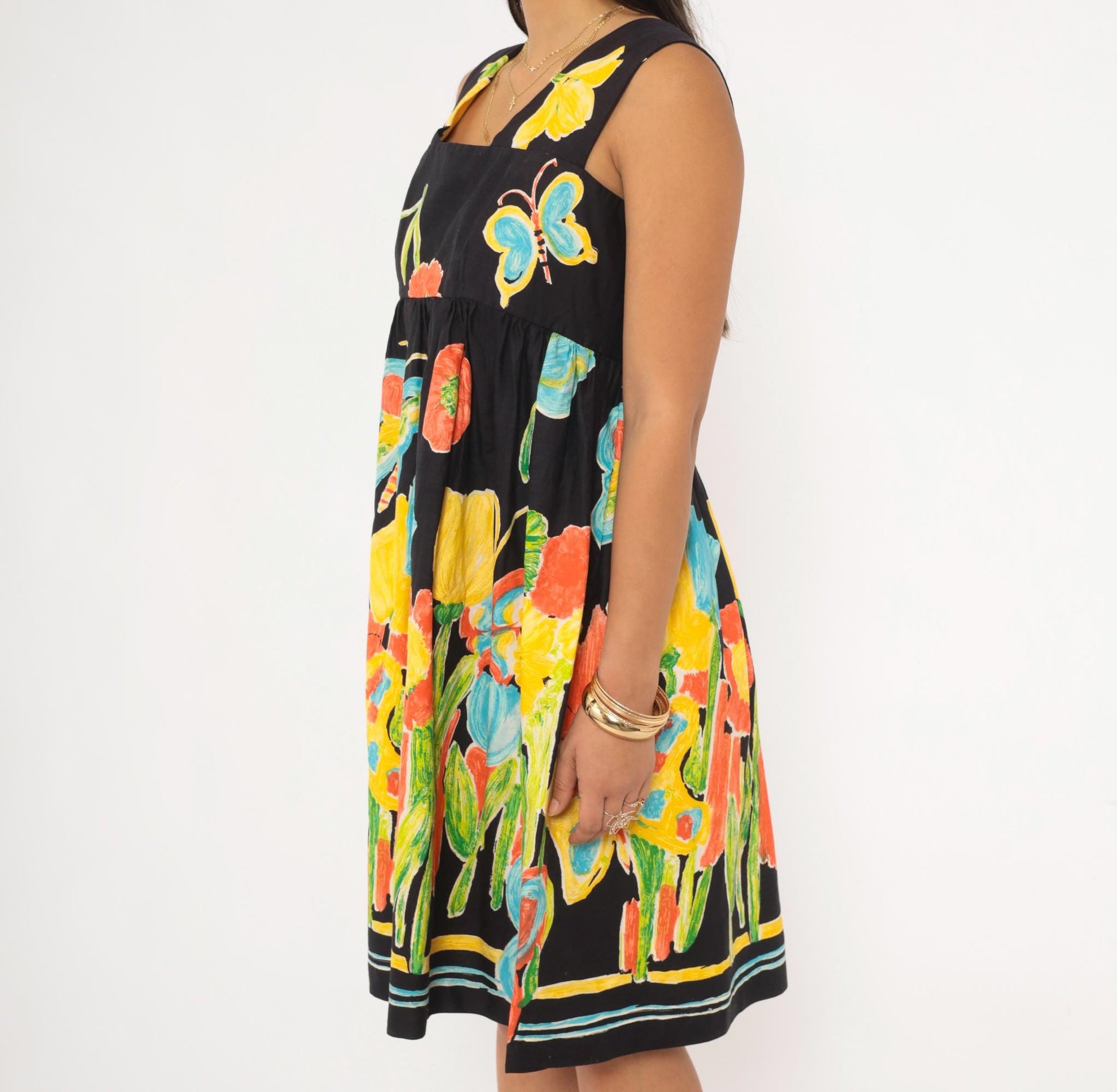70s Dela Ann Creation Babydoll Dress Black Yellow Butterfly Floral Empire Waist Small