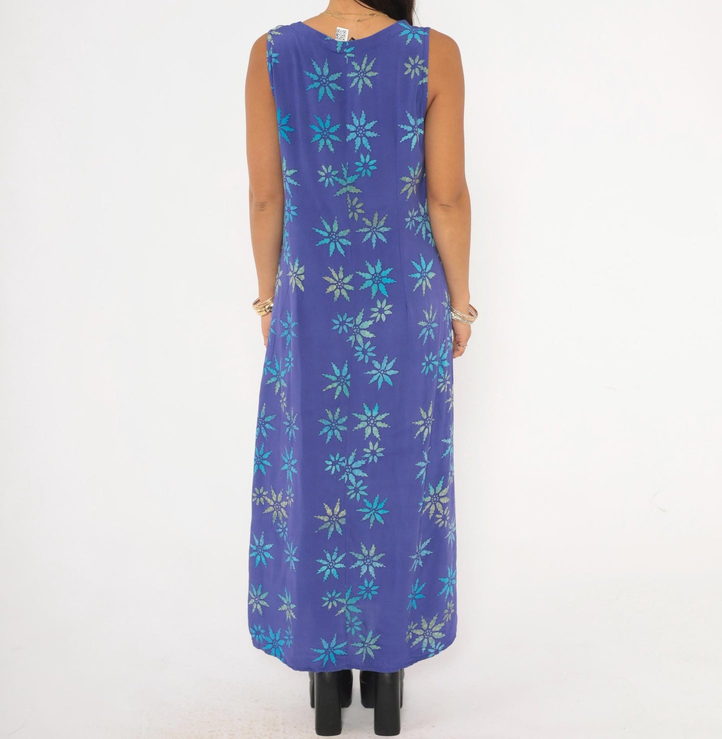90s Temptation Batik Maxi Dress Purple Teal Starburst Floral Sleeveless Medium