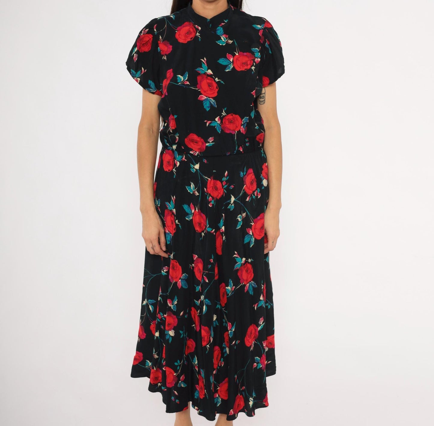90s Nina Piccalino Black Midi Dress Red Rose Print Mandarin Collar Large L