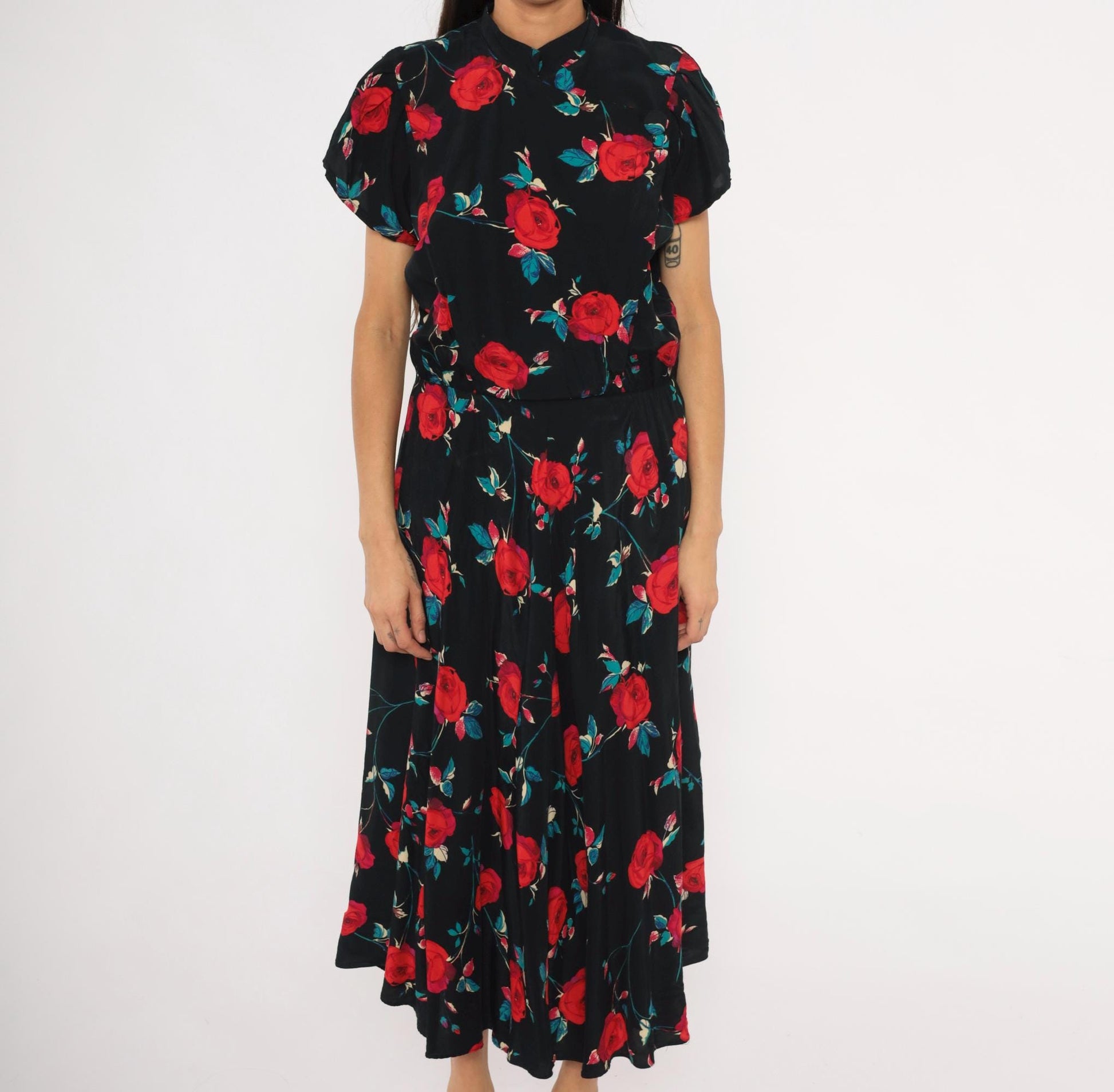 90s Nina Piccalino Black Midi Dress Red Rose Print Mandarin Collar Large L