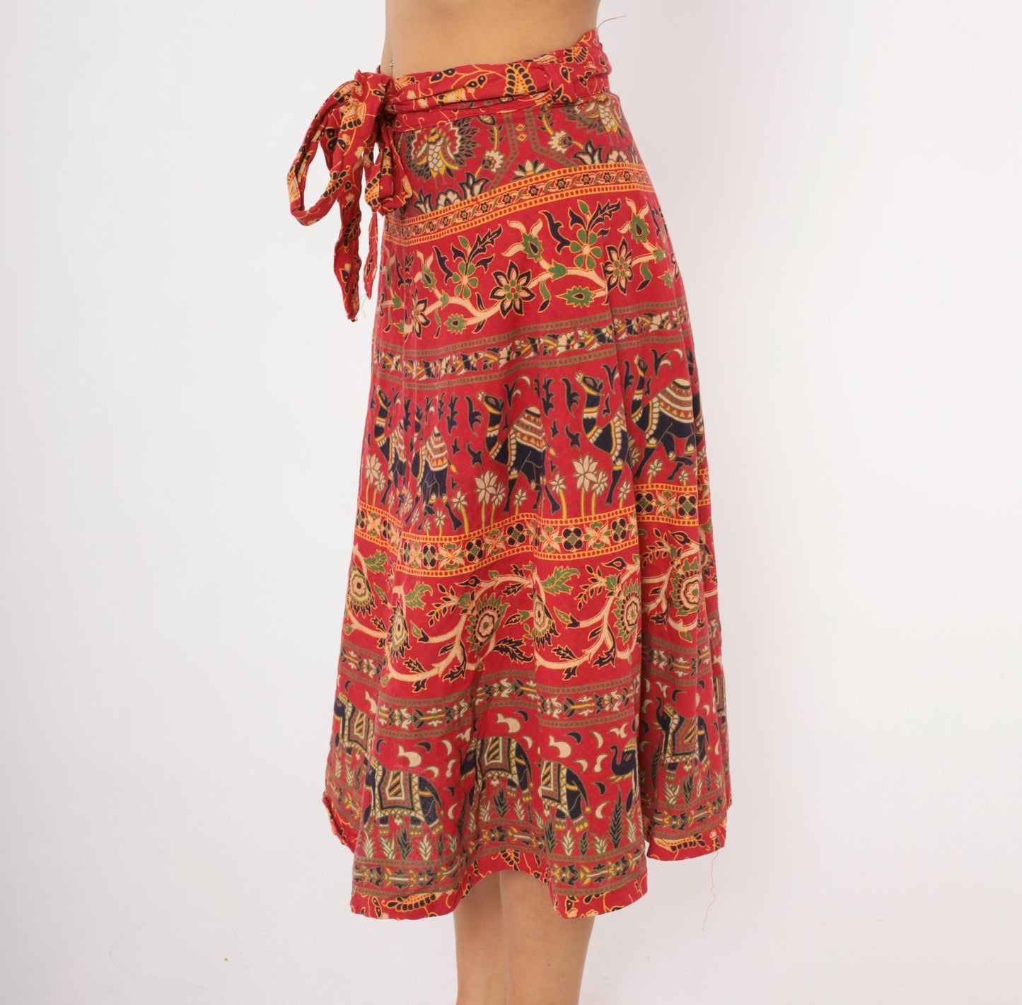 90s Indian Block Print Cotton Wrap Skirt Red Elephant Floral Small