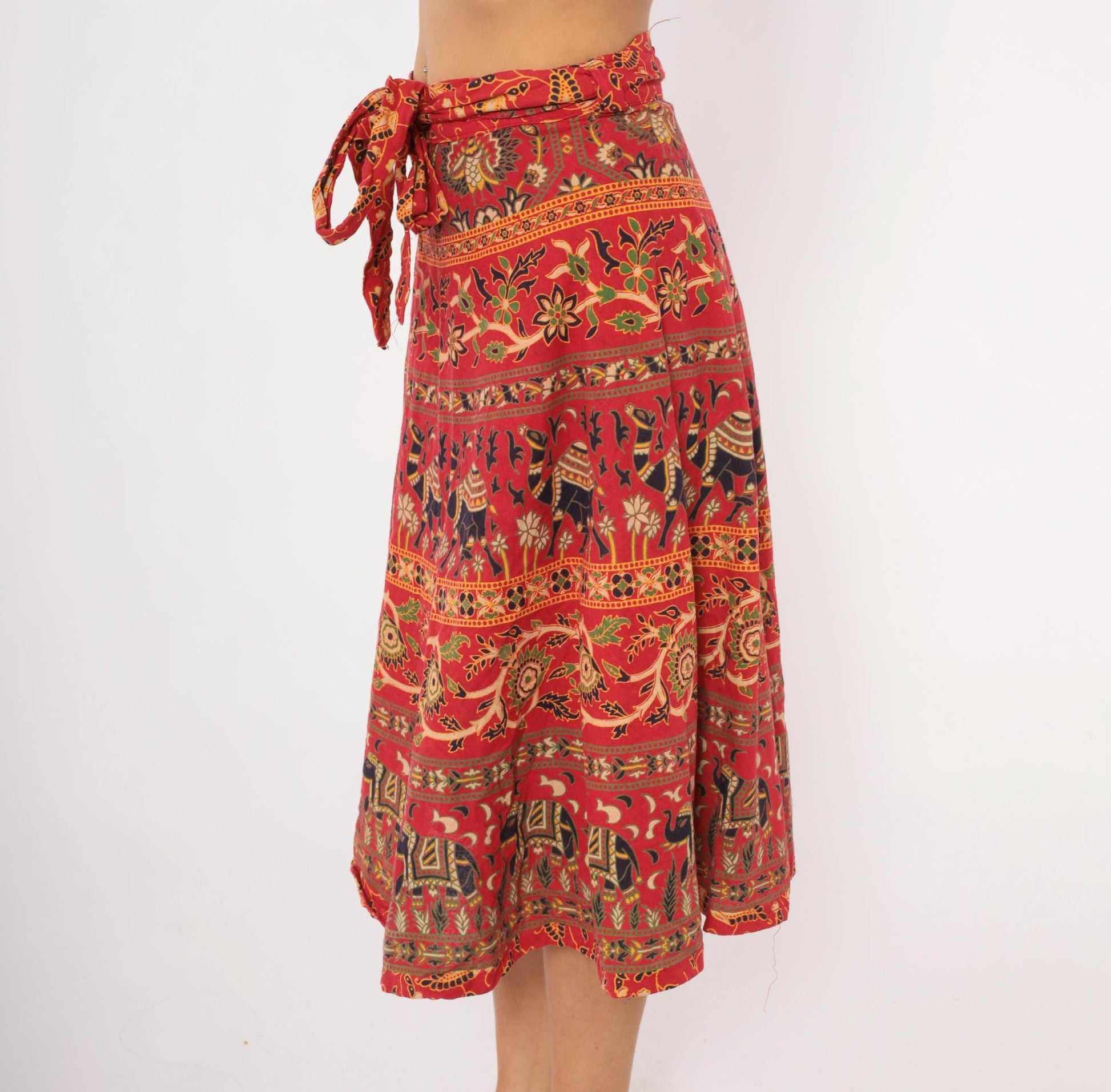 90s Indian Block Print Cotton Wrap Skirt Red Elephant Floral Small