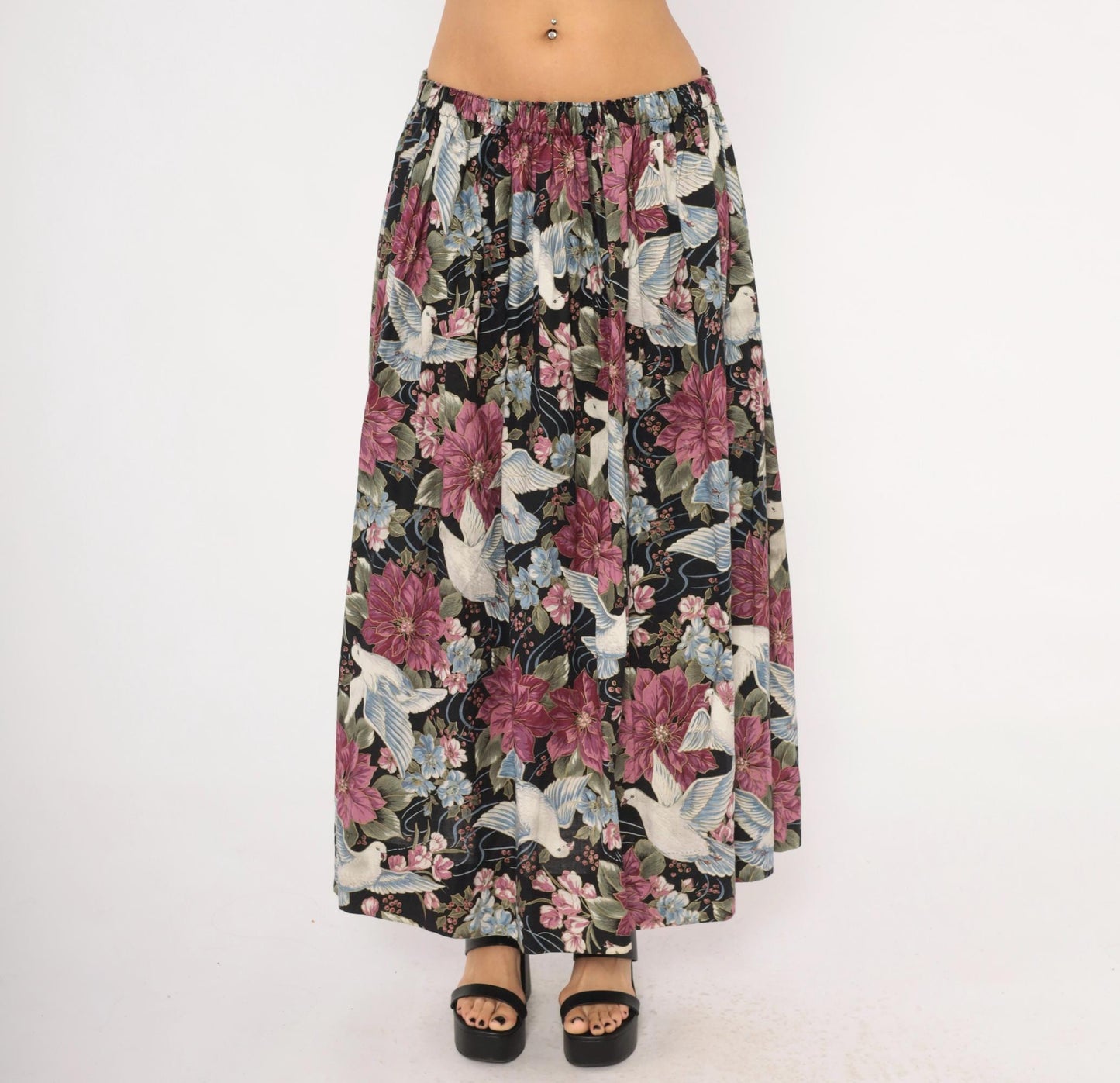 80s Navy Dove Poinsettia Maxi Skirt Cotton Floral A-Line Medium Large