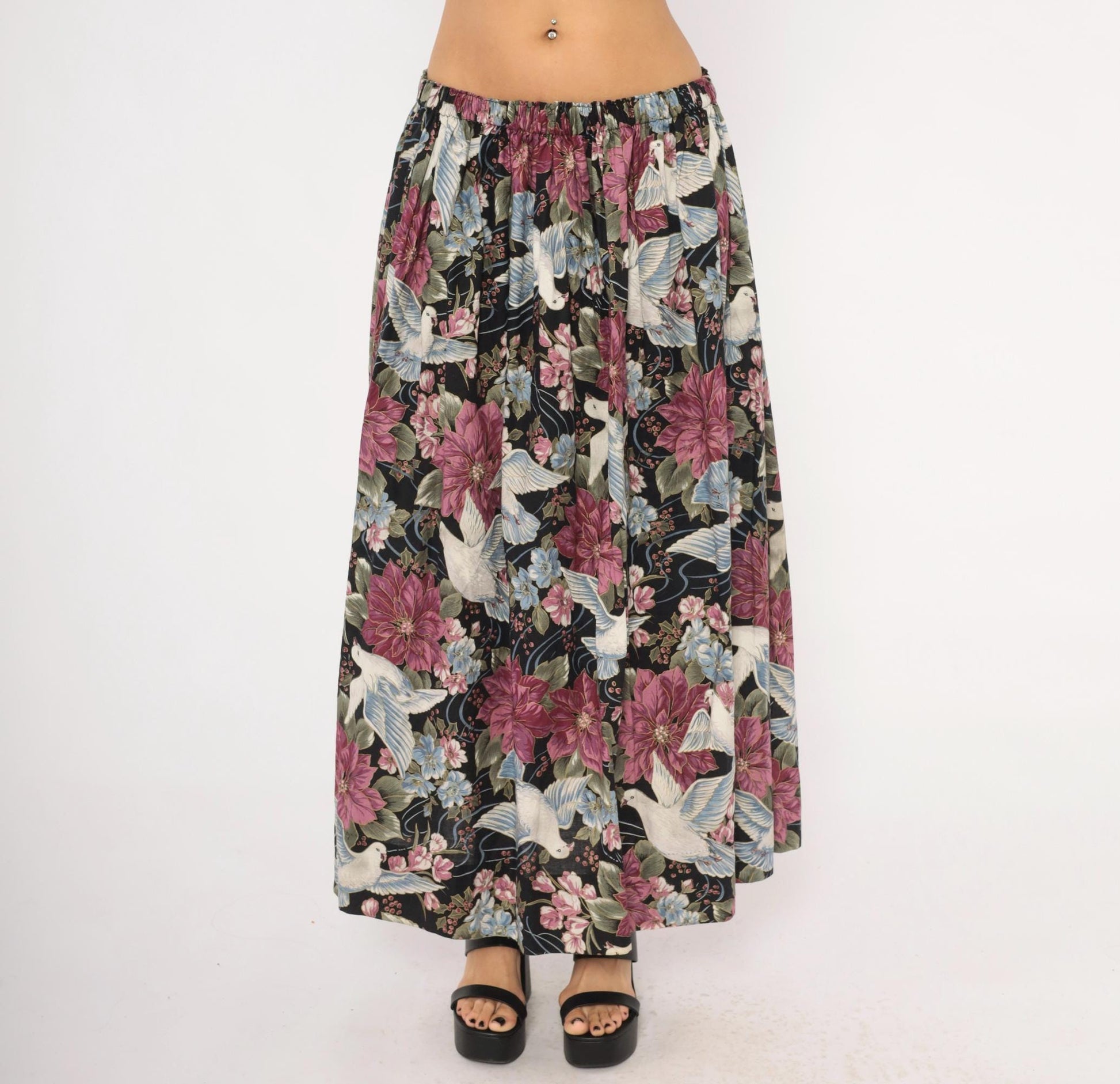 80s Navy Dove Poinsettia Maxi Skirt Cotton Floral A-Line Medium Large