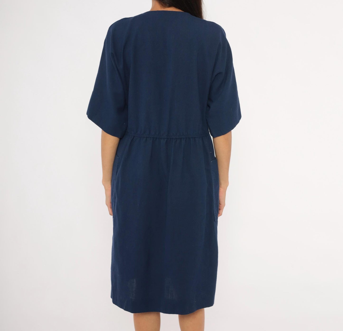 80s Leslie Fay Navy Button-Front Dress Knee-Length Elastic Waist Large L