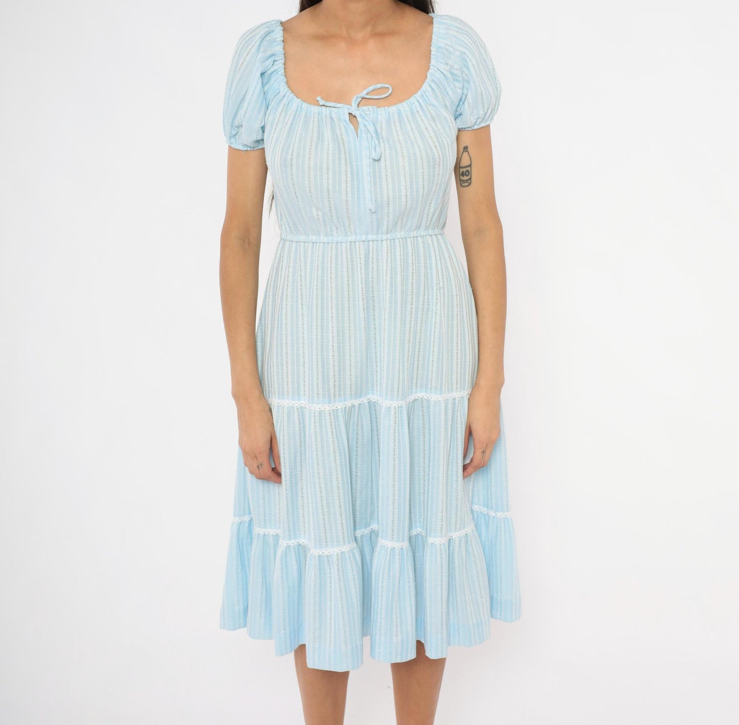 70s Sky Blue Striped Peasant Dress Puff Sleeve Tiered Skirt Lace Trim Medium M