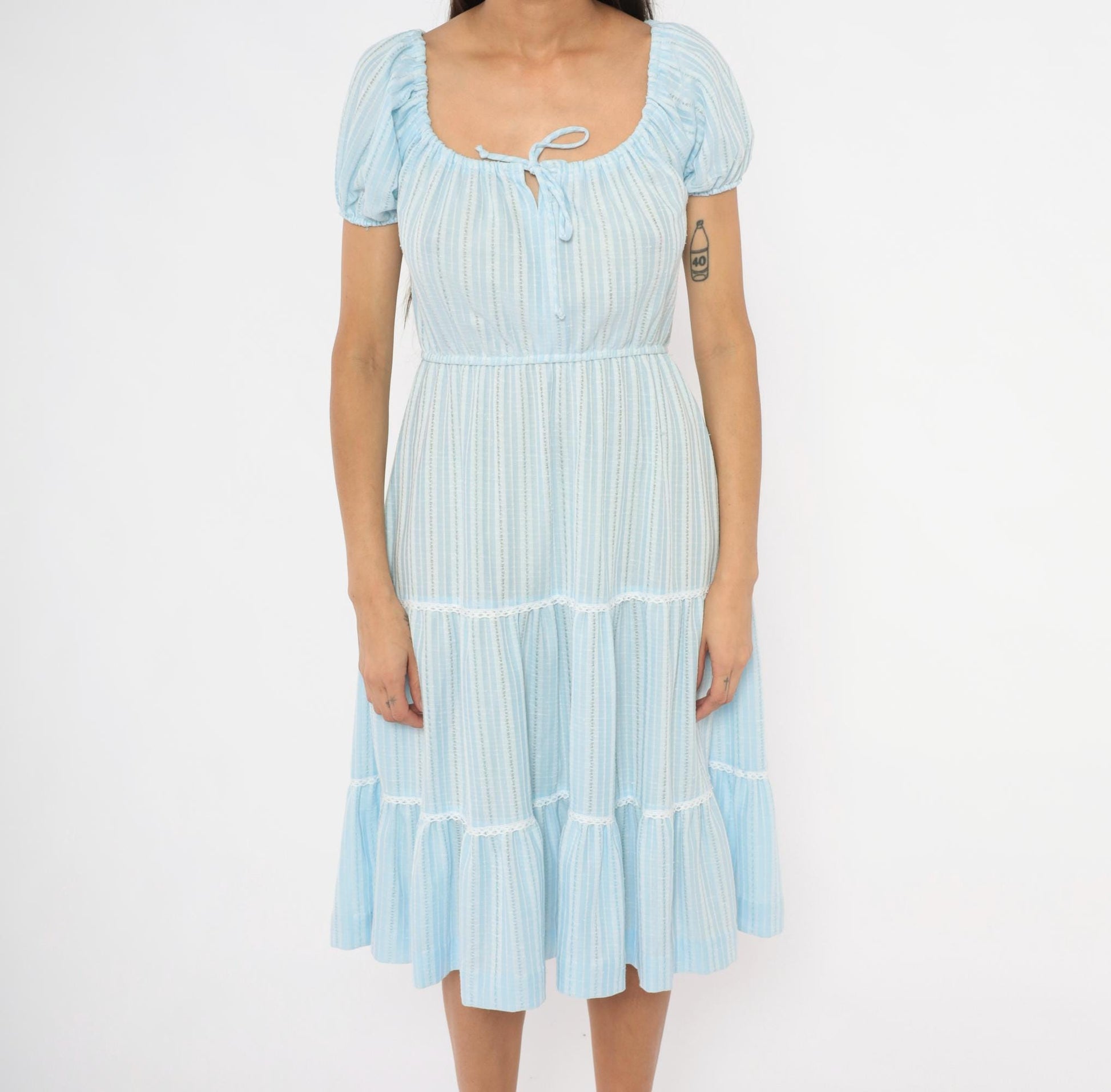 70s Sky Blue Striped Peasant Dress Puff Sleeve Tiered Skirt Lace Trim Medium M