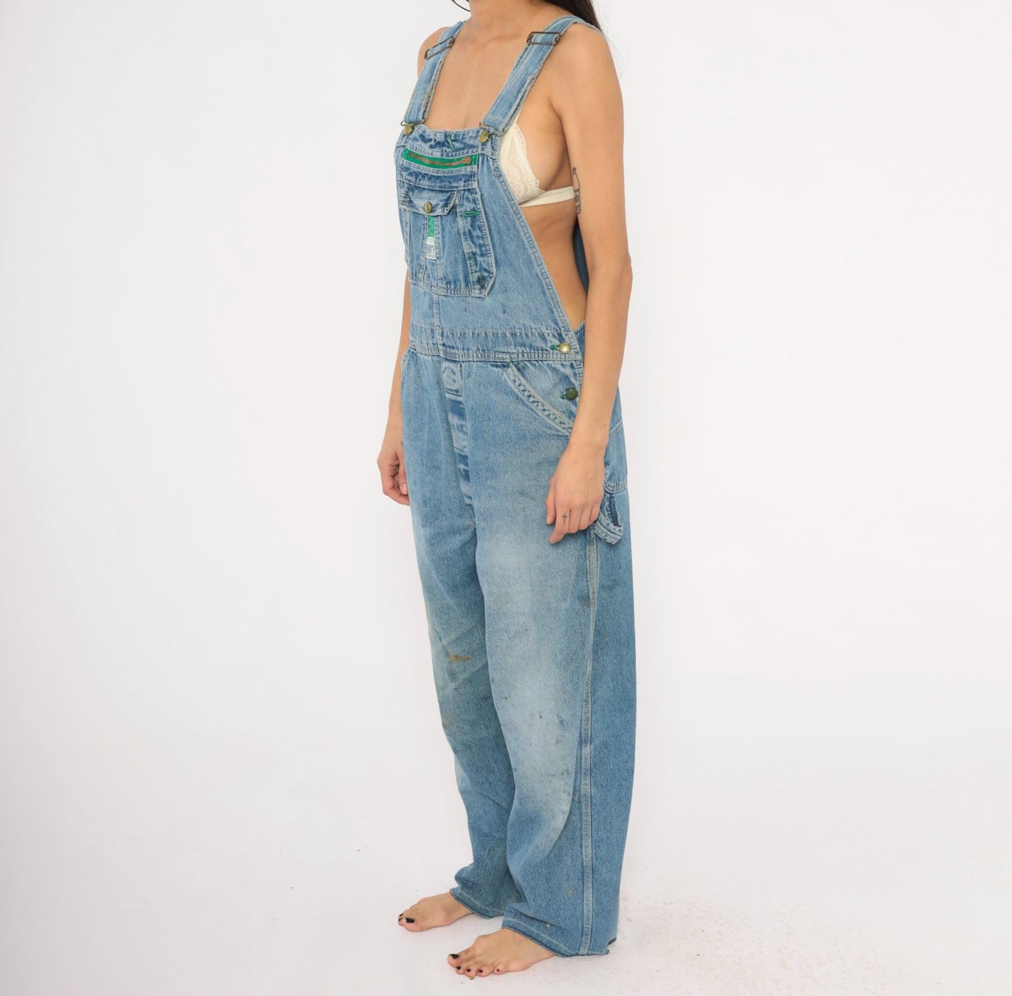 90s Liberty Denim Bib Overalls Green Zipper Distressed Workwear Medium