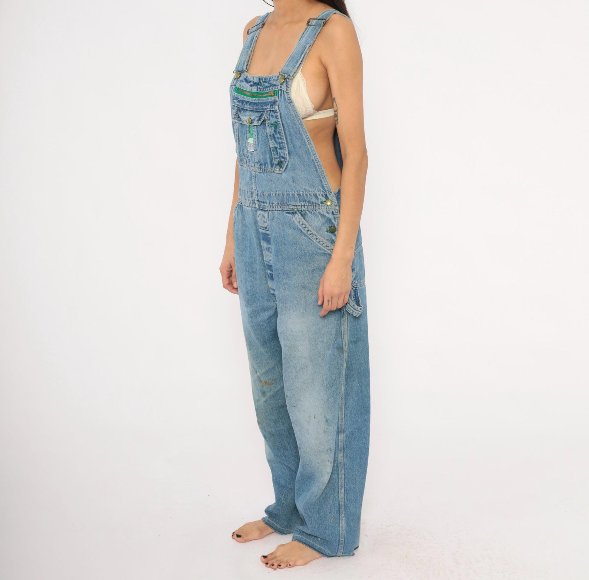 90s Liberty Denim Bib Overalls Green Zipper Distressed Workwear Medium