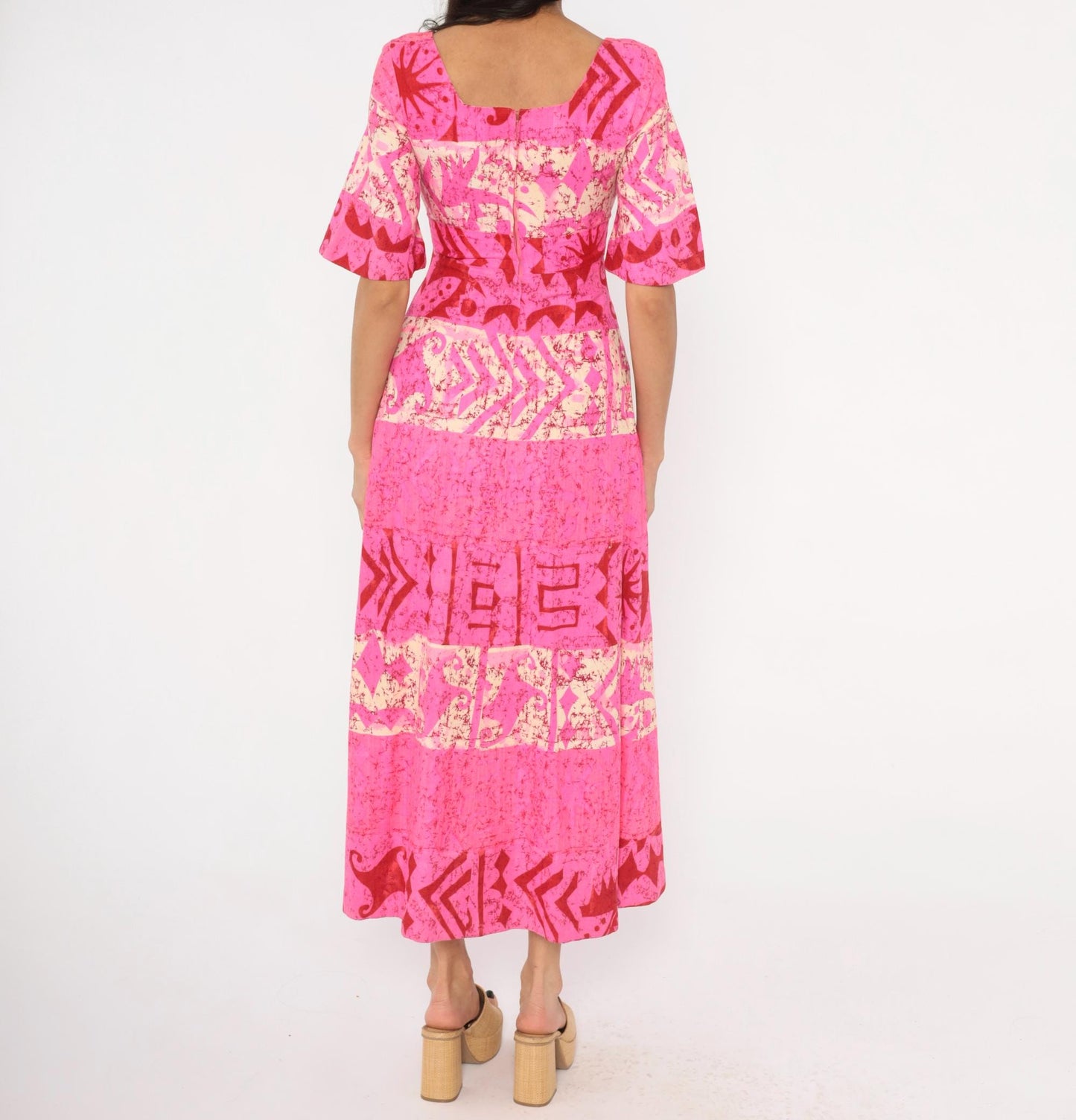 70s Holiday Sportswear Hot Pink Batik Maxi Dress Bell Sleeve Square Neck XS
