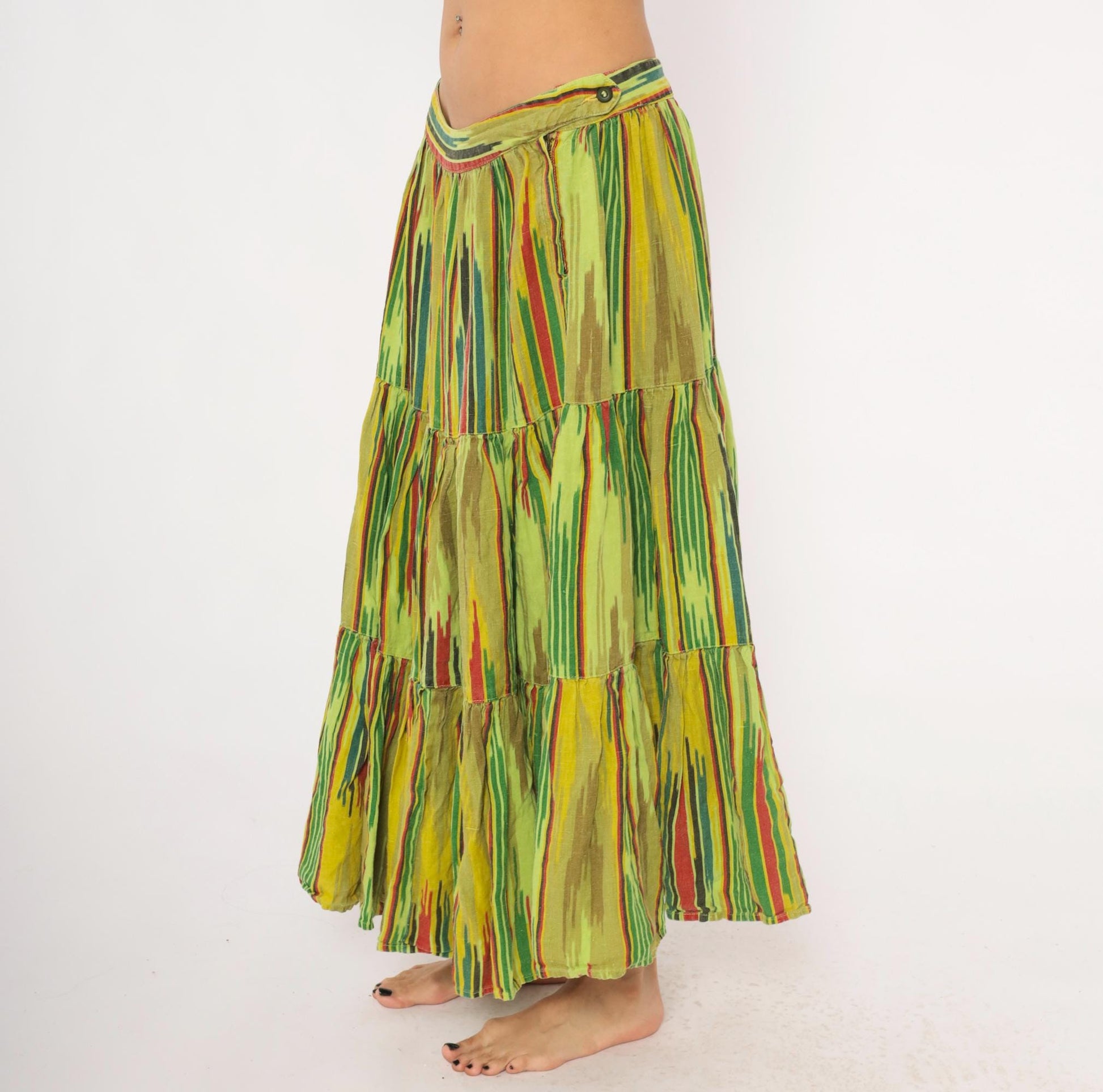 2000s Mason's Ikat Tiered Maxi Skirt Green Yellow Red Woven Large L