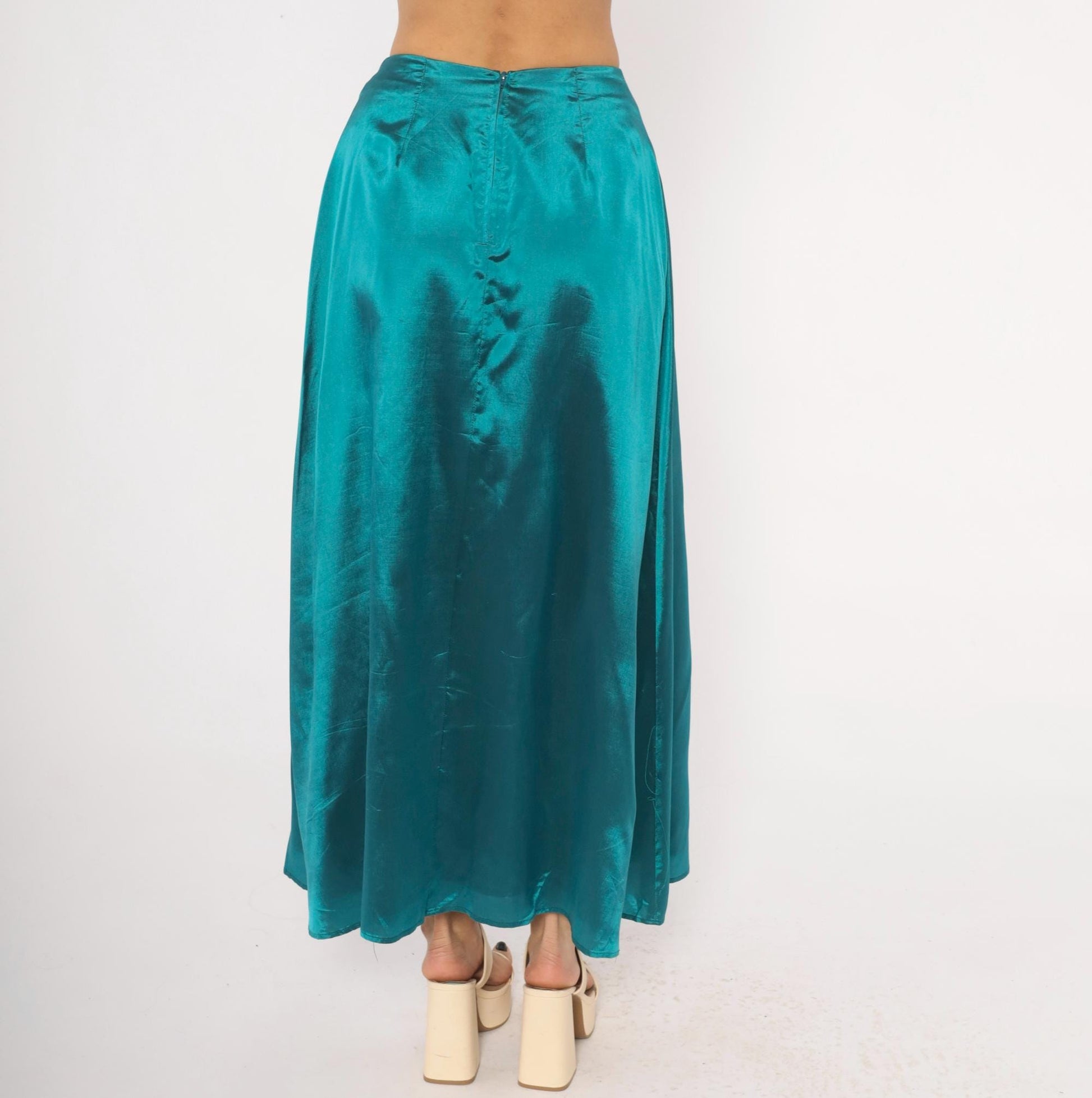 90s Star CCC Teal Satin A-Line Maxi Skirt High Waist Small S