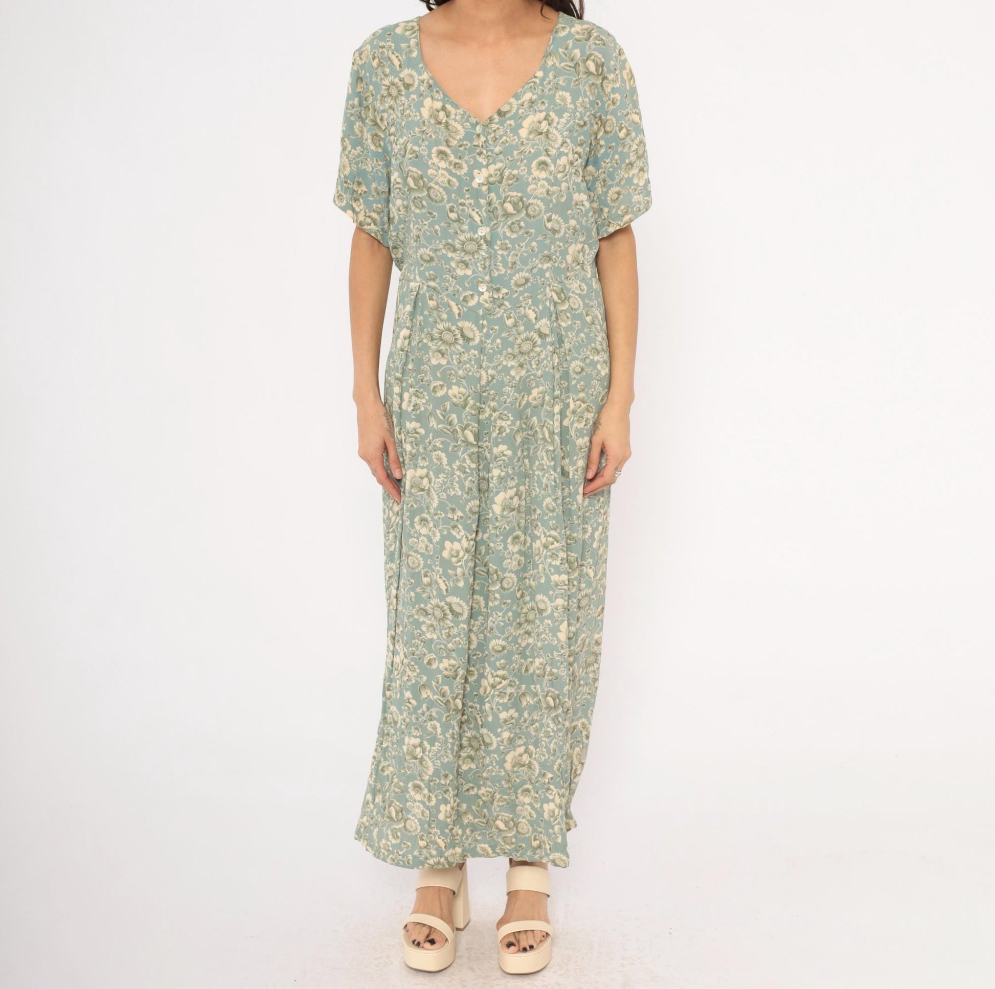 90s April Cornell Floral Maxi Dress Teal Cream V-Neck Short Sleeve Large L