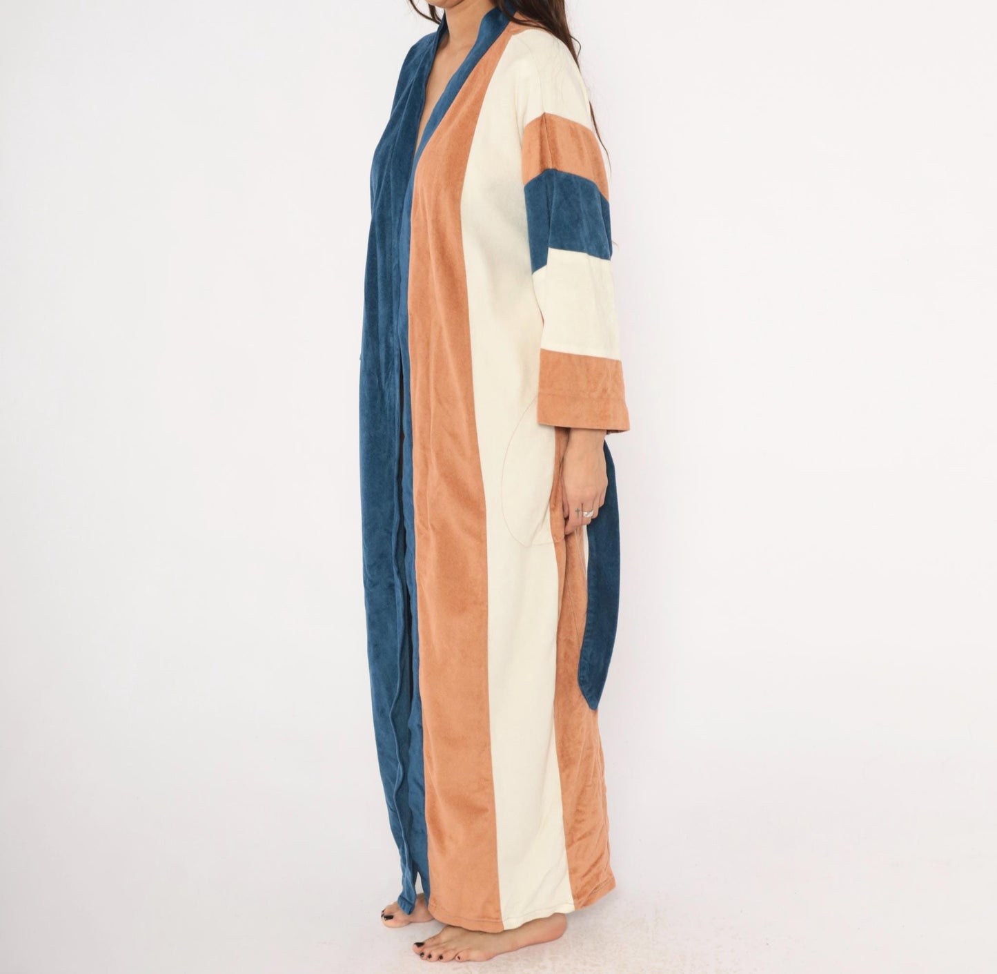 80s JCPenney Velour Kimono Robe Colorblock Navy Copper Cream One Size