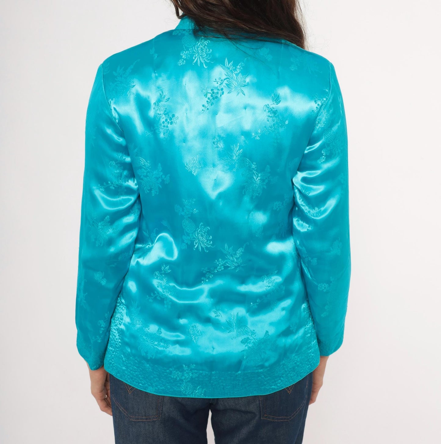 80s Peony Turquoise Silk Jacket Mandarin Collar Frog Button Floral Brocade Small S
