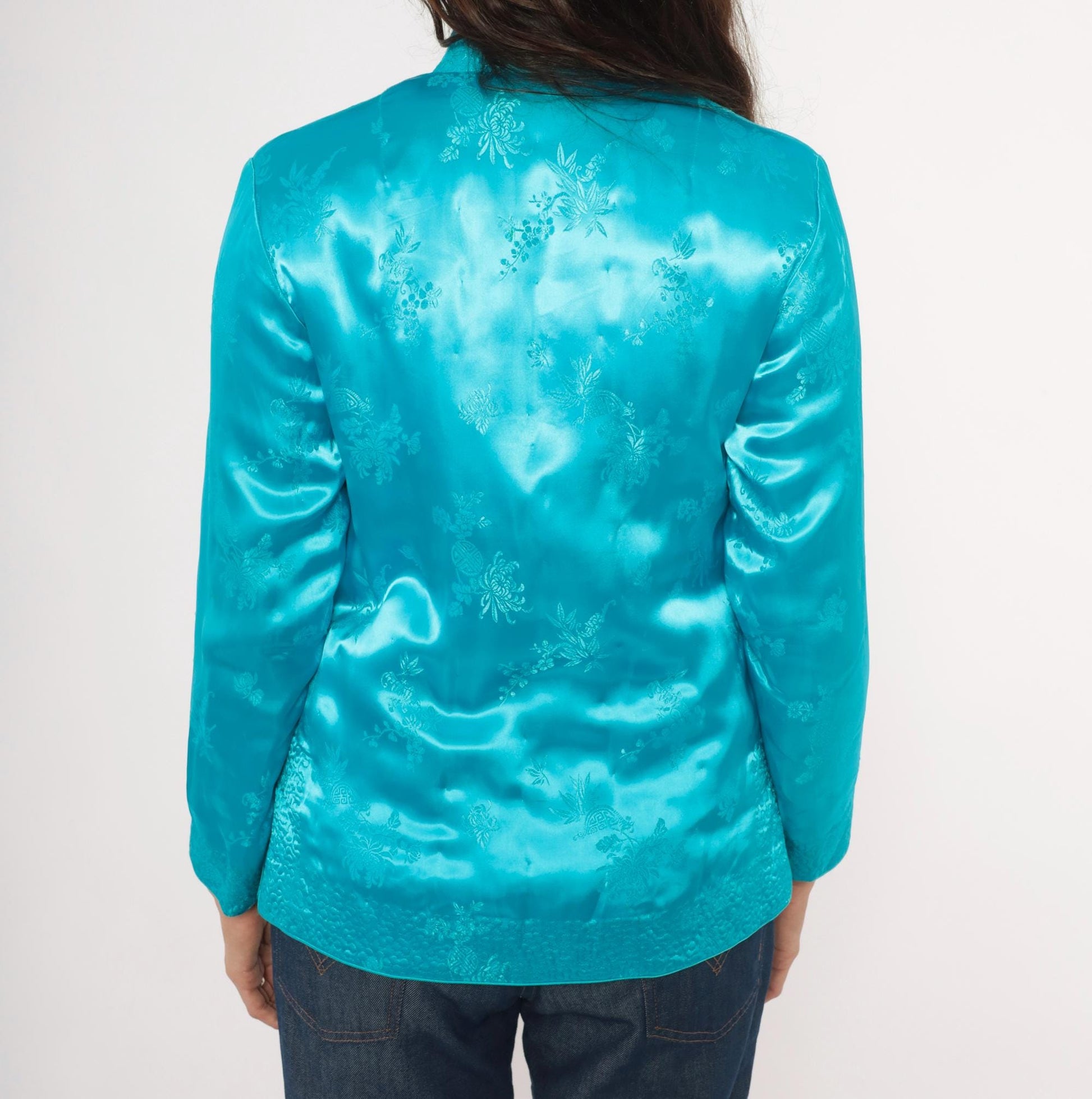 80s Peony Turquoise Silk Jacket Mandarin Collar Frog Button Floral Brocade Small S