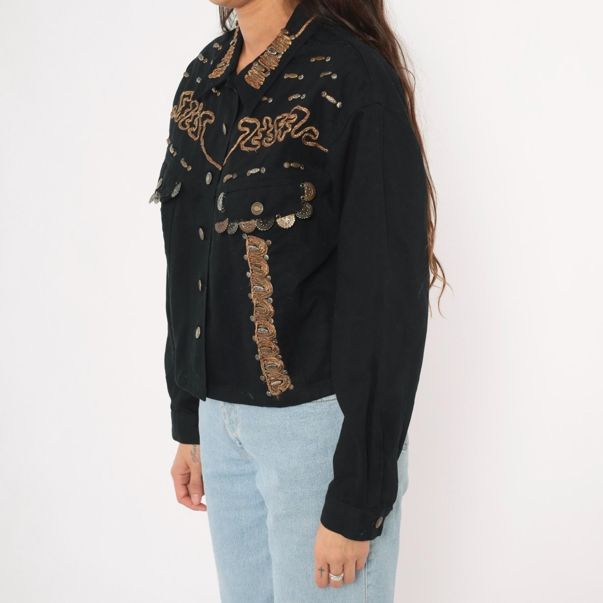 90s Styleworks Black Denim Jacket Gold Coin Charm Embroidered Cropped Large L