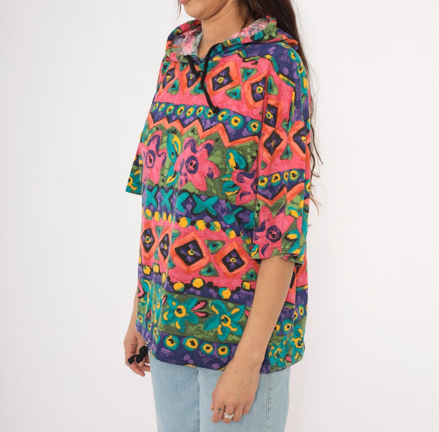 90s Lady John Tribal Hoodie Pink Teal Purple Geometric Floral Pullover One Size