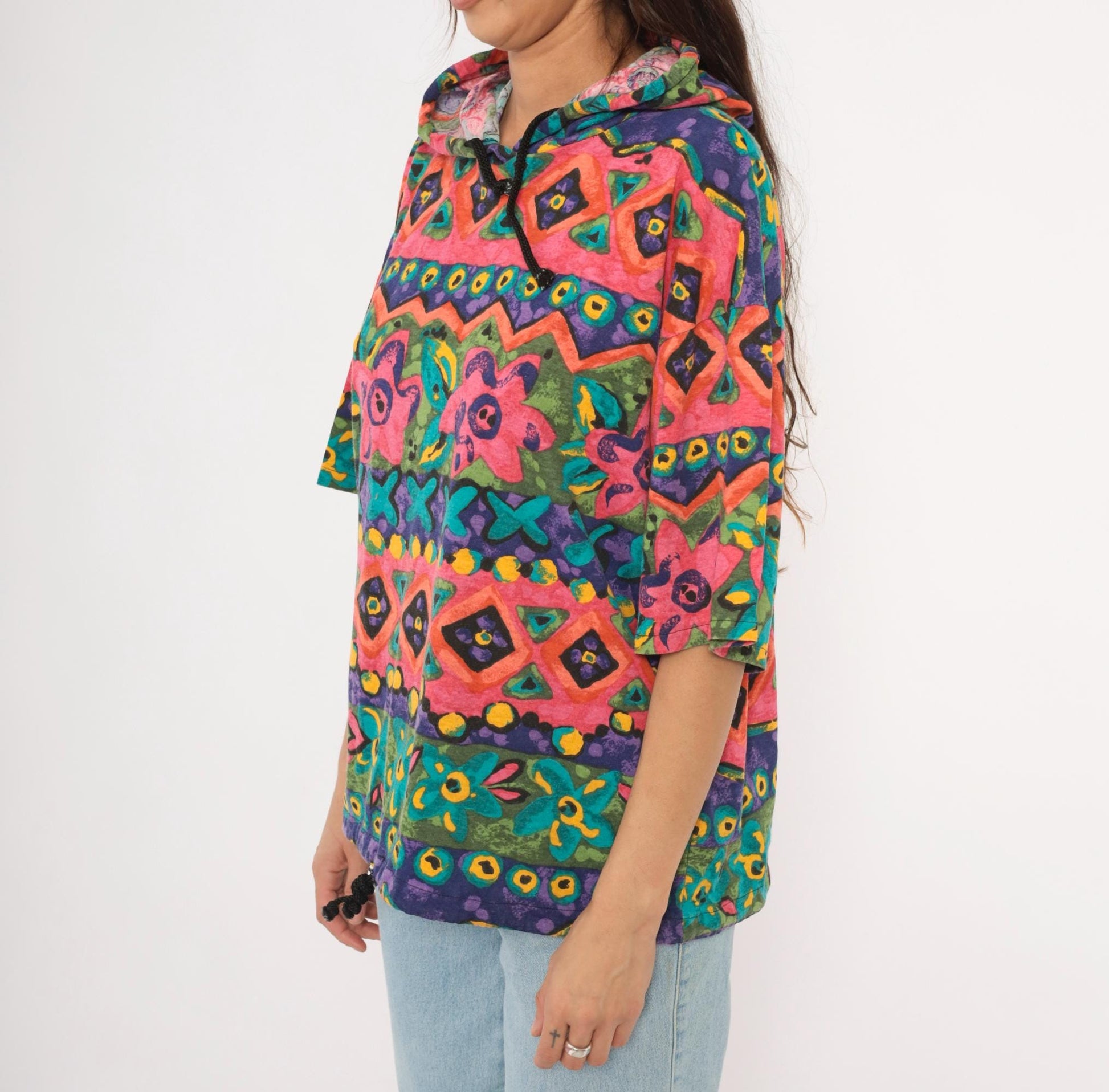 90s Lady John Tribal Hoodie Pink Teal Purple Geometric Floral Pullover One Size