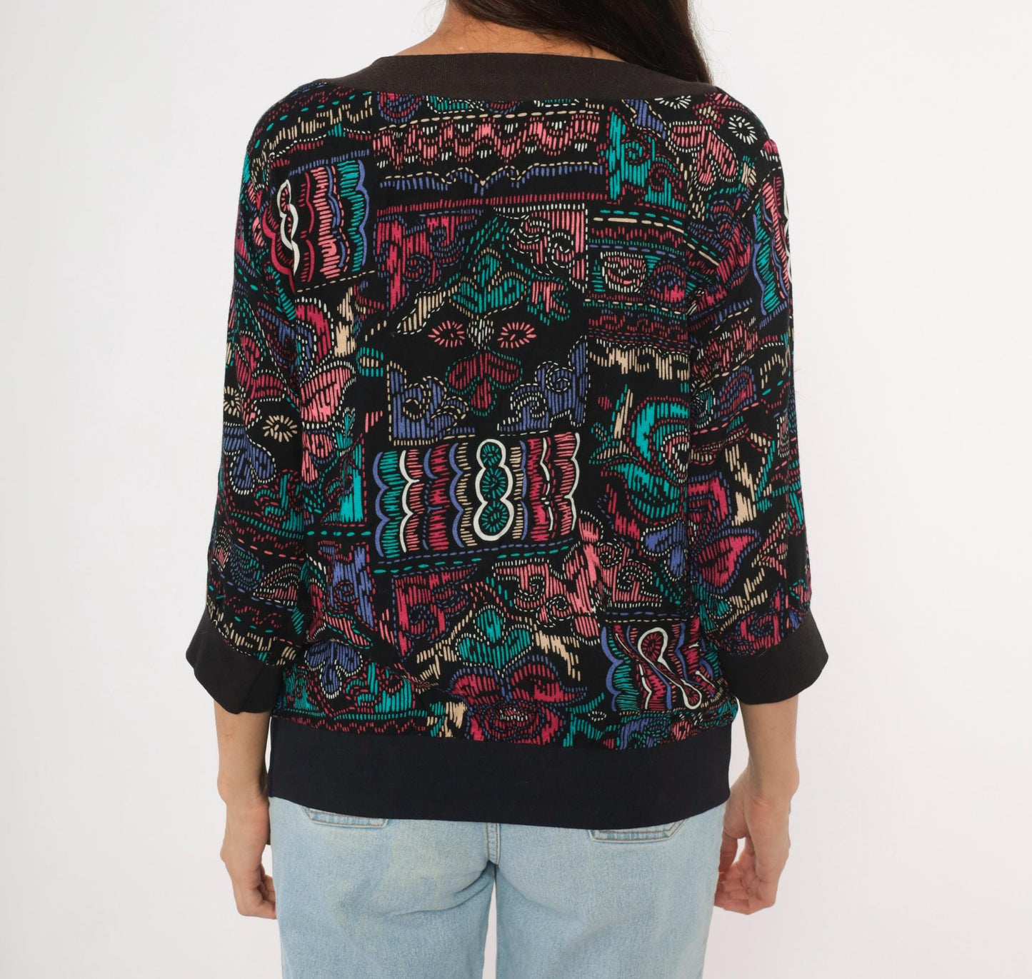 90s Abstract Pullover Blouse Boat Neck Teal Pink Black Graphic Medium M