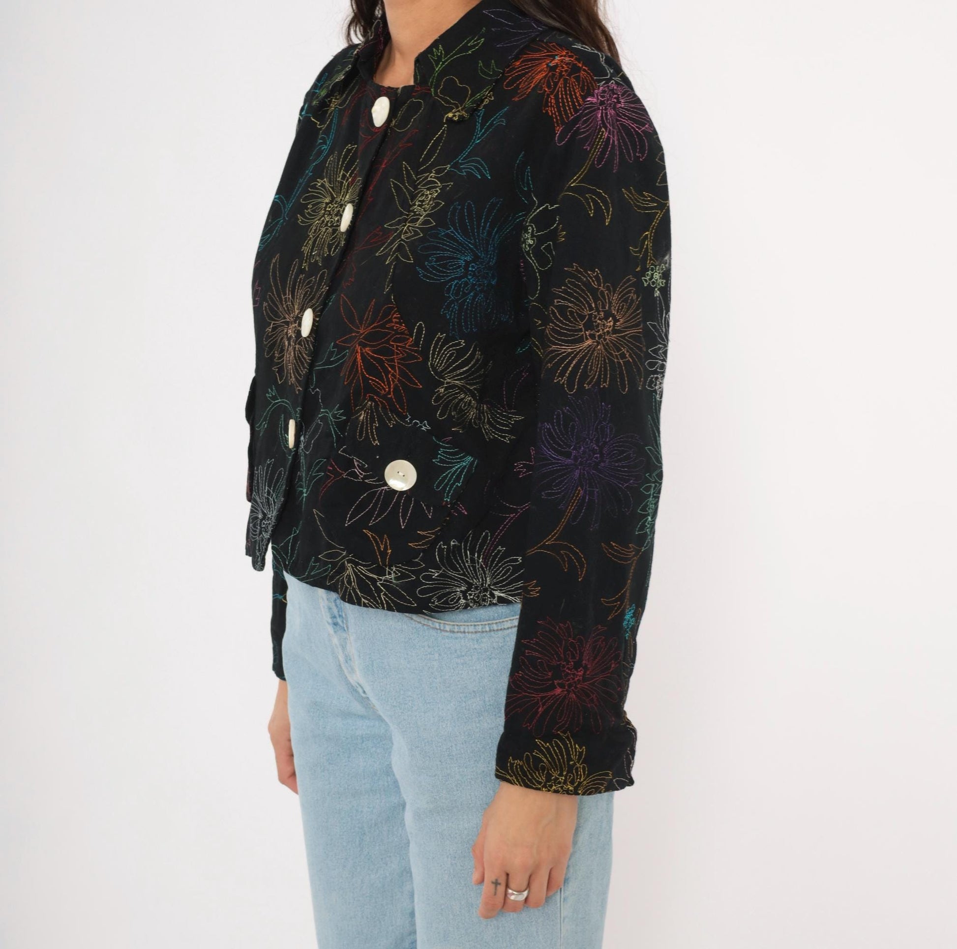 2000s Alex Kim Black Cropped Jacket Multicolor Floral Embroidery Large L
