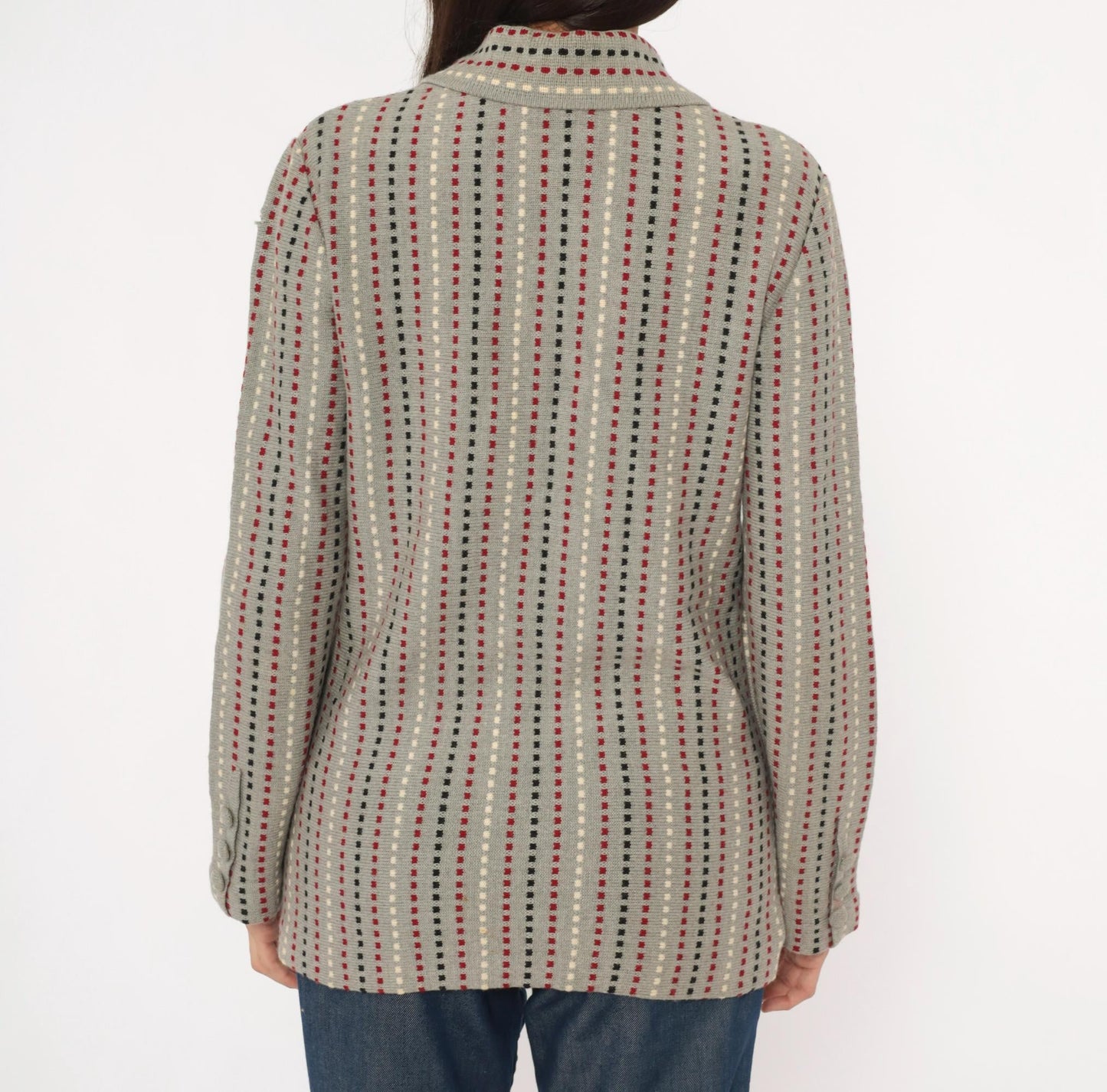 70s Damon Wool Cardigan Grey Dotted Stripe Burgundy Black Cream Medium M