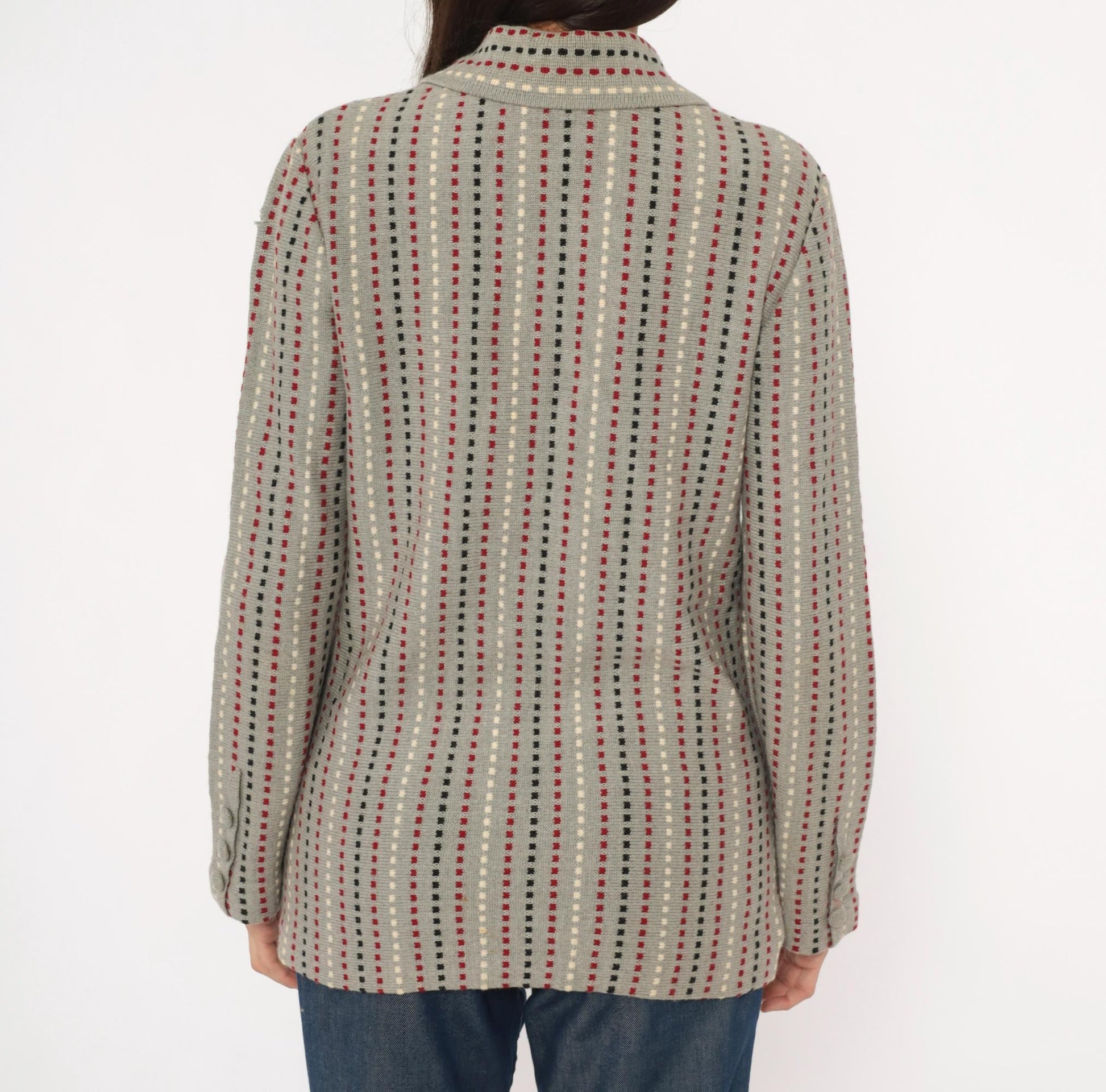 70s Damon Wool Cardigan Grey Dotted Stripe Burgundy Black Cream Medium M