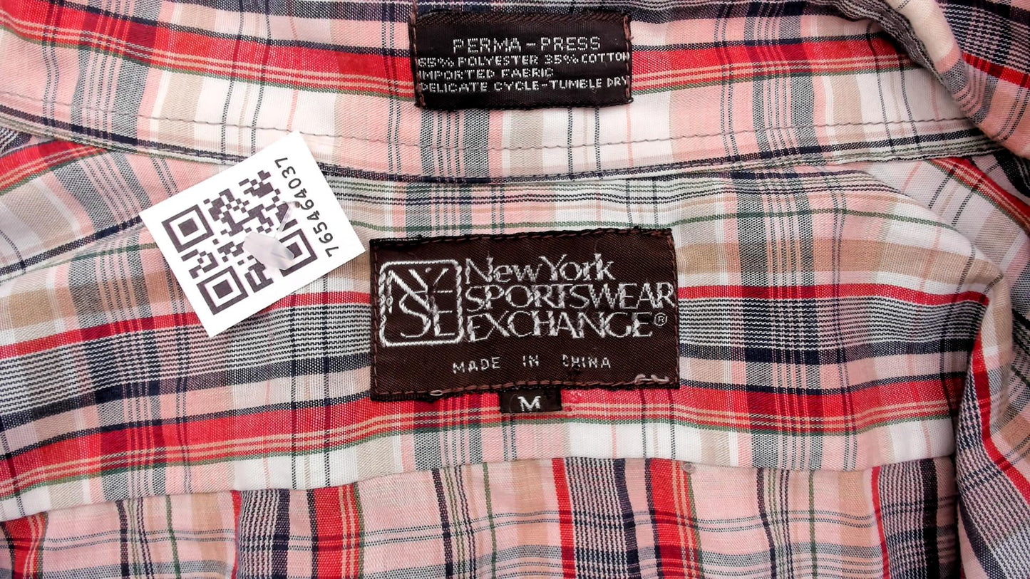 80s New York Sportswear Exchange Plaid Button-Up Shirt Cream Burgundy Medium