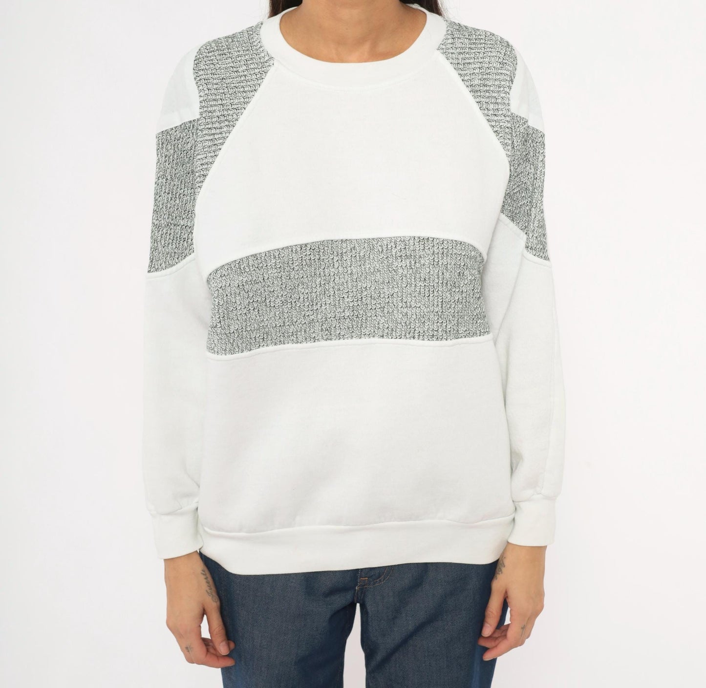 90s Fashion Force Color Block Sweatshirt White Grey Marled Raglan Large L