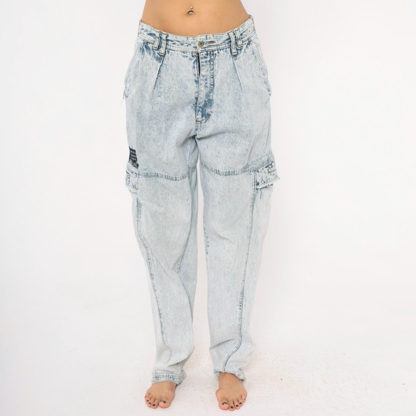80s Bugle Boy Acid Wash Cargo Jeans Light Blue High Rise 33L