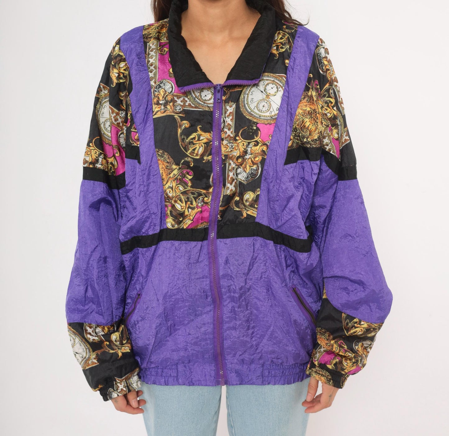 90s Baroque Clock Windbreaker Purple Gold Pocket Watch Shell Jacket Medium