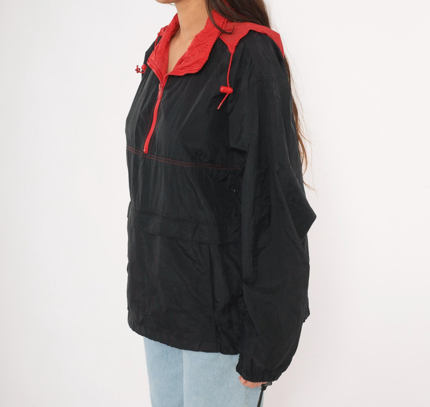 90s Black Red Colorblock Anorak Windbreaker Pullover Jacket Medium M