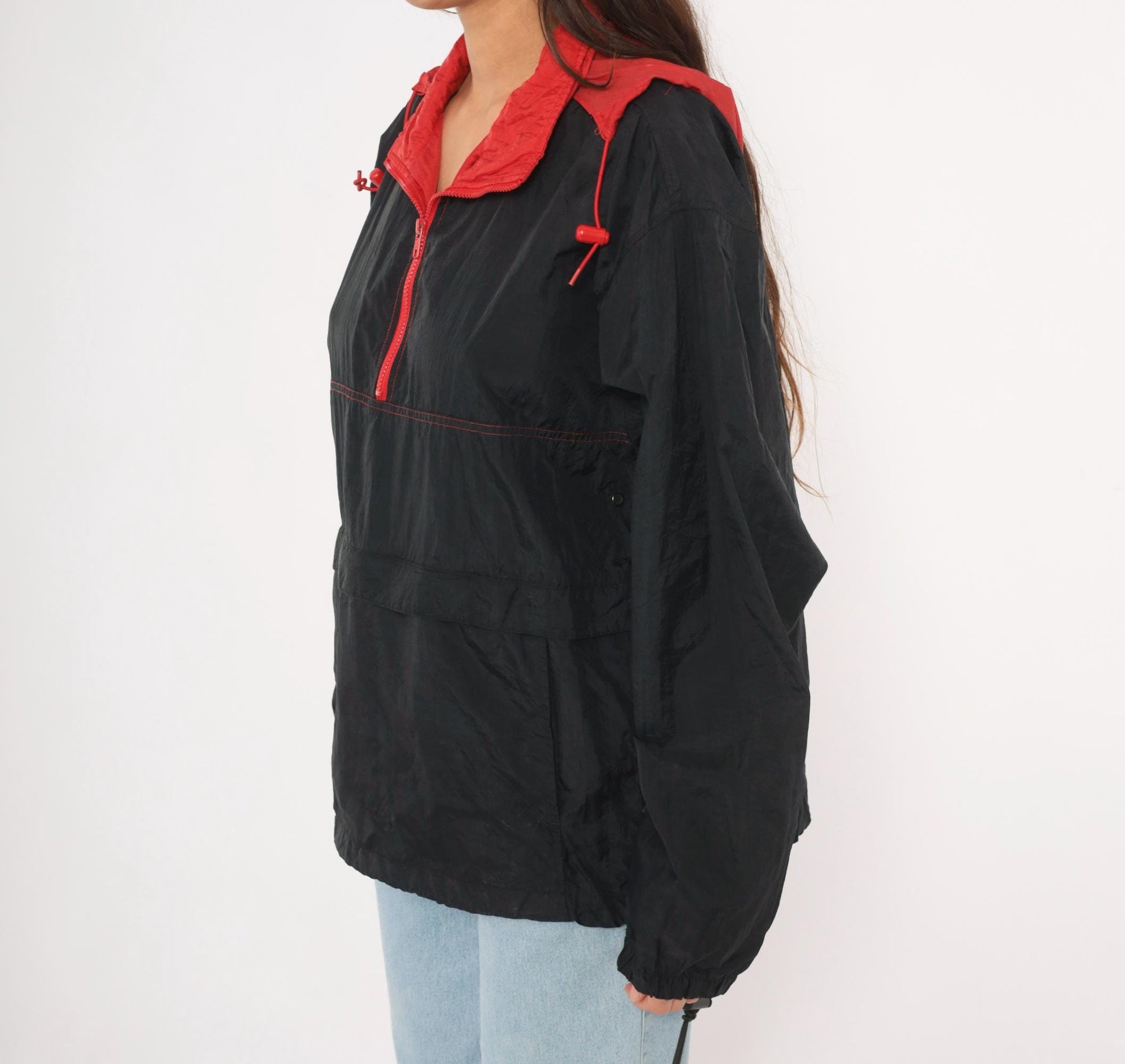 90s Black Red Colorblock Anorak Windbreaker Pullover Jacket Medium M