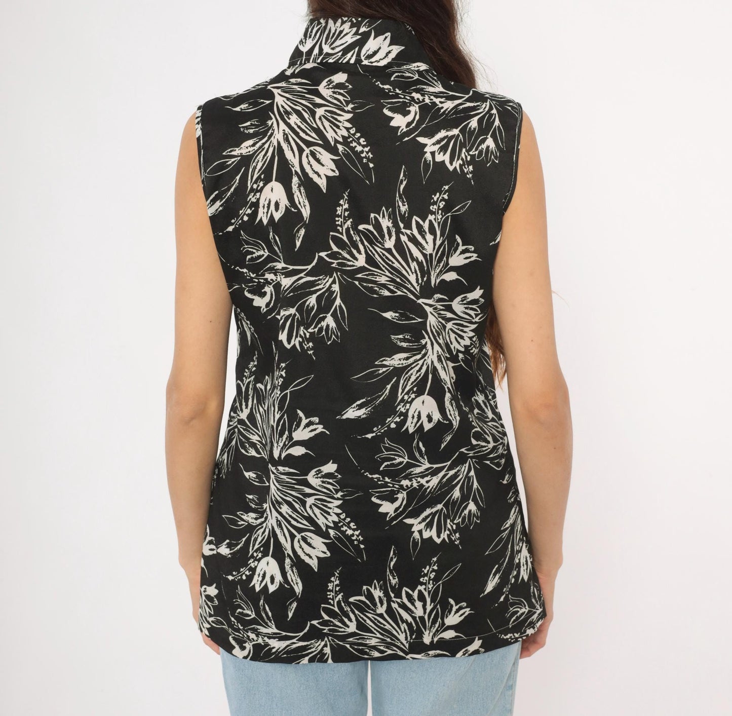 70s Black White Botanical Sleeveless Blouse Pointed Collar Tunic Medium