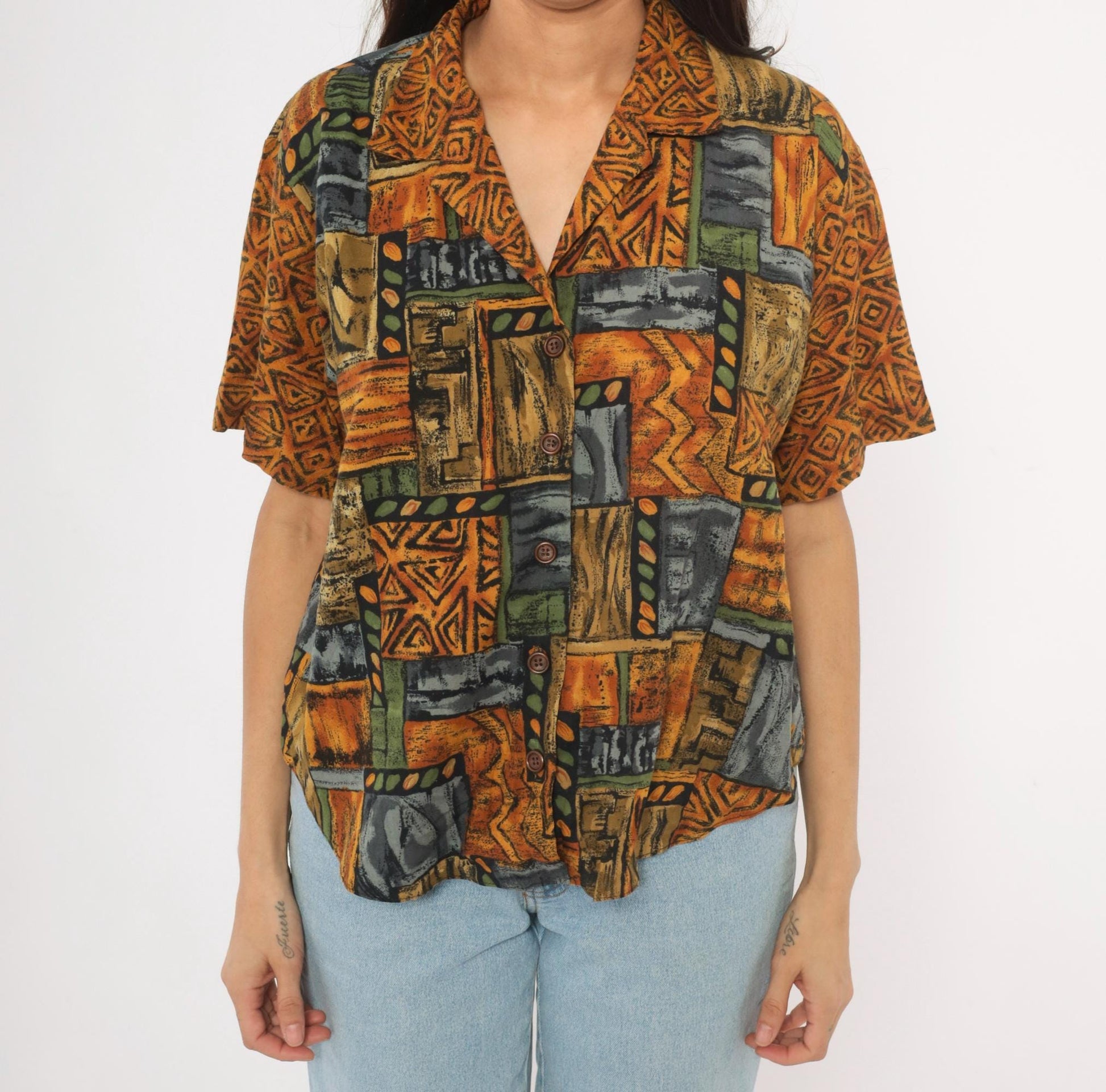 90s Tribal Patchwork Camp Collar Shirt Mustard Olive Slate Large L