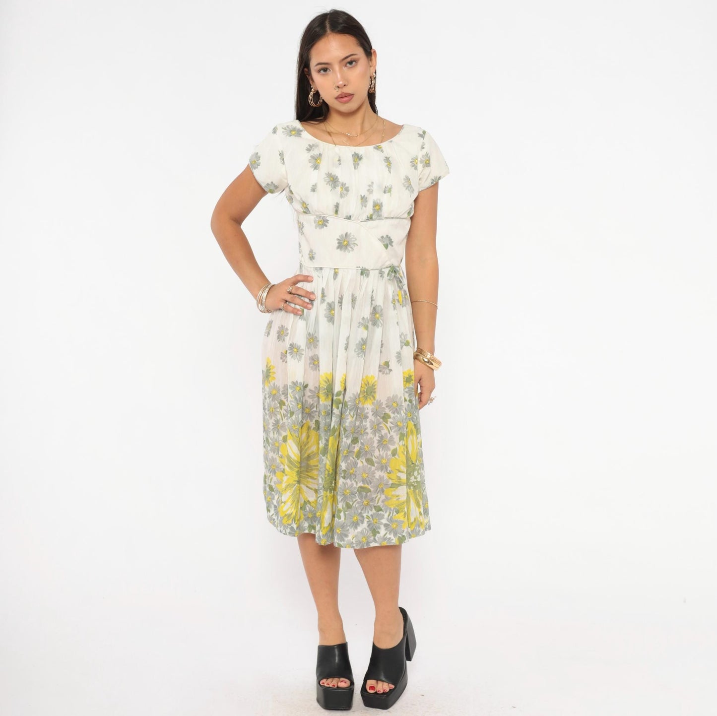 60s Daisy Print Fit And Flare Dress White Yellow Cotton Cap Sleeve Extra Small XS