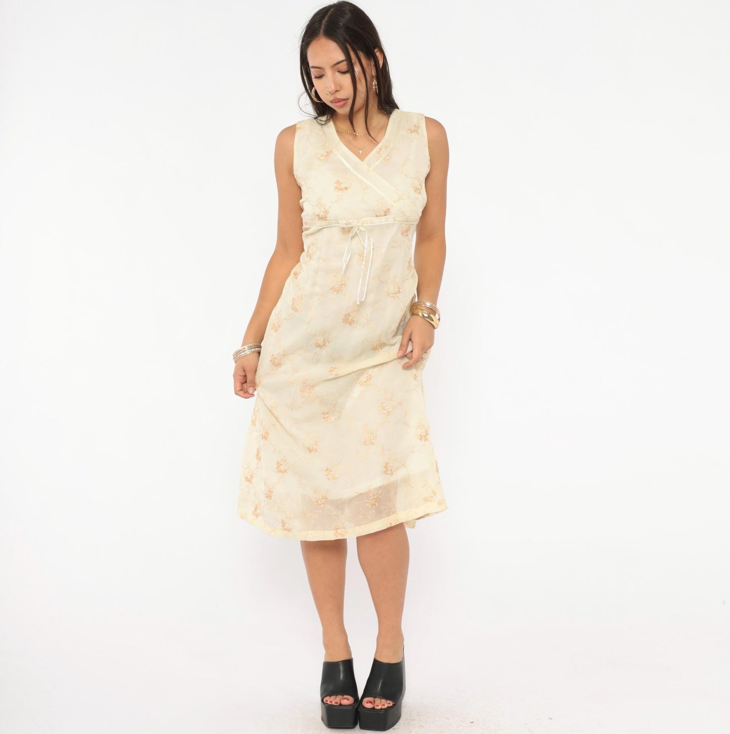 Y2K Nice Mommy Cream Organza Floral Embroidered Dress Gold Vine Knee Length Large L