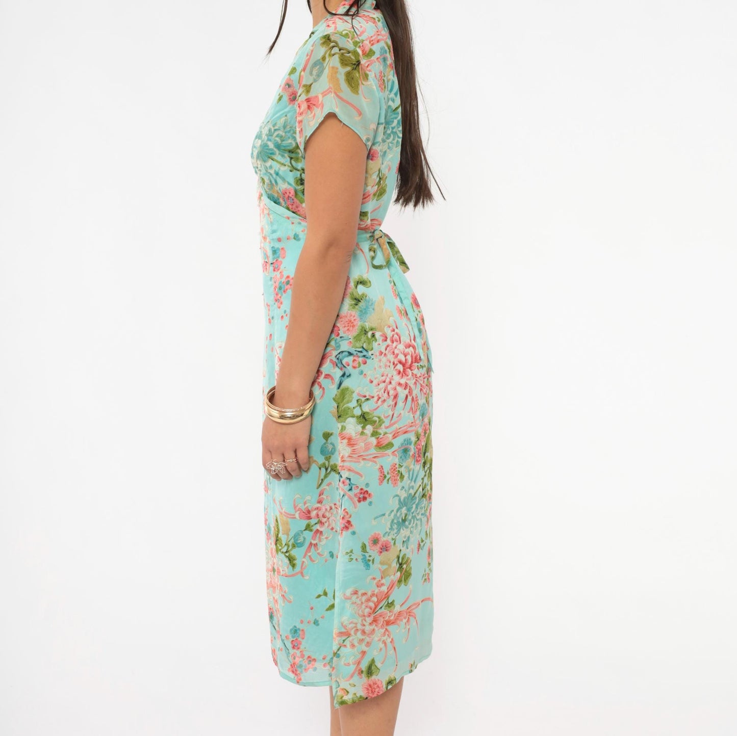2000s Charlotte Russe Chrysanthemum Floral Midi Dress V-Neck Cap Sleeve Teal Medium M