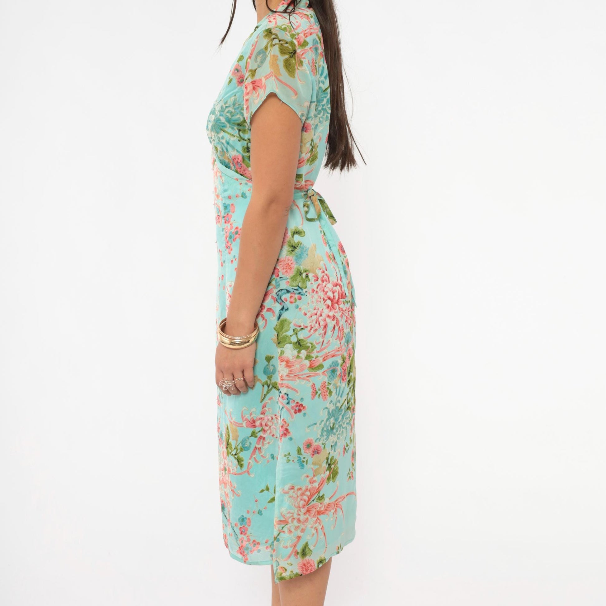 2000s Charlotte Russe Chrysanthemum Floral Midi Dress V-Neck Cap Sleeve Teal Medium M